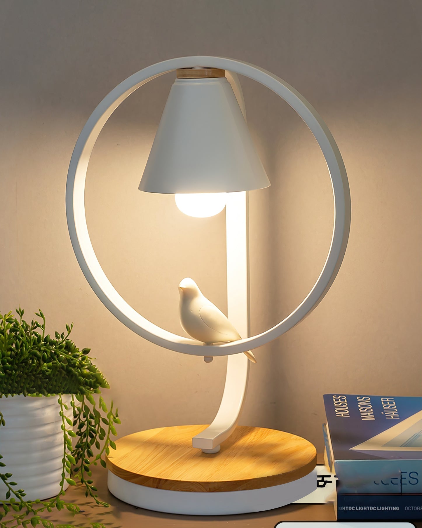 Artistic Table Lamp with Bird Design - Wooden Base and White Shade for Bedroom or Living Room 4