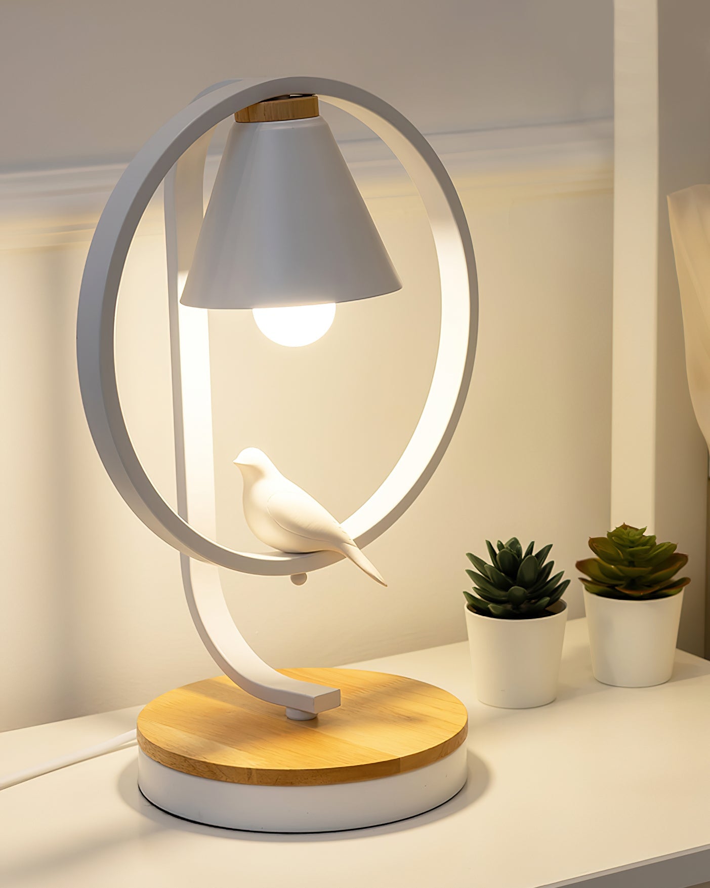 Artistic Table Lamp with Bird Design - Wooden Base and White Shade for Bedroom or Living Room 5