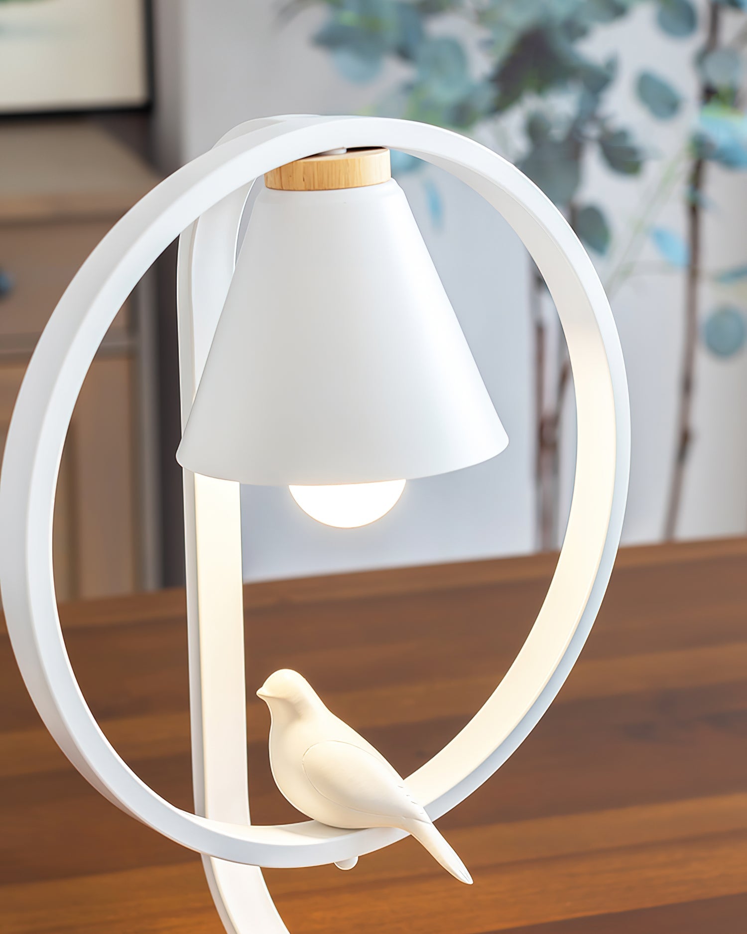 Artistic Table Lamp with Bird Design - Wooden Base and White Shade for Bedroom or Living Room 6