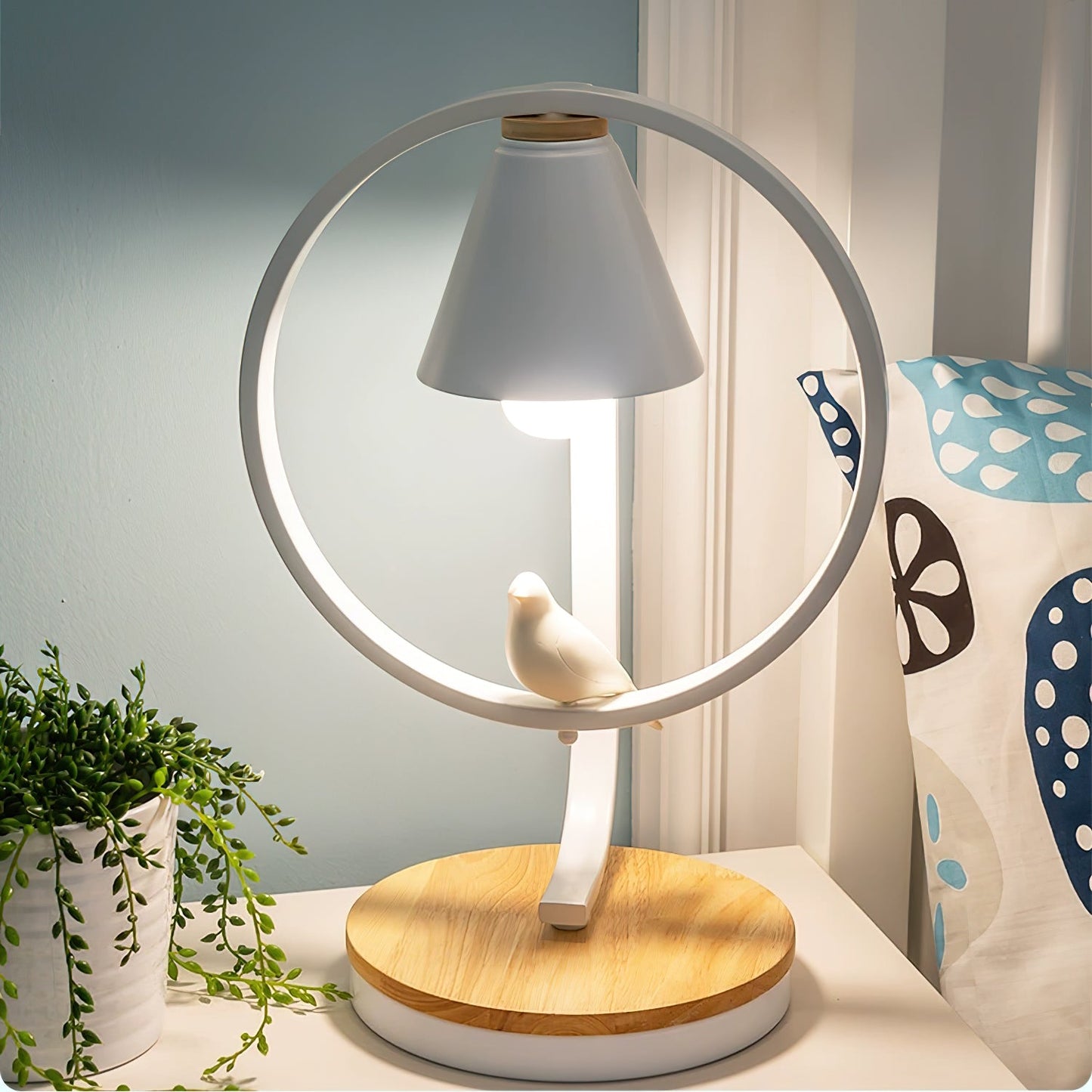 Artistic Table Lamp with Bird Design - Wooden Base and White Shade for Bedroom or Living Room 9