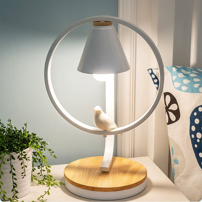 Artistic Table Lamp with Bird Design - Wooden Base and White Shade for Bedroom or Living Room 9