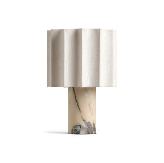 Battery-Powered Table Lamp with Marble Base and Fabric Shade – 19cm Diameter 1