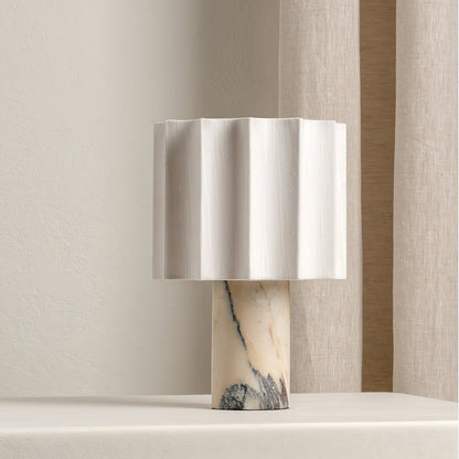 Battery-Powered Table Lamp with Marble Base and Fabric Shade – 19cm Diameter 3