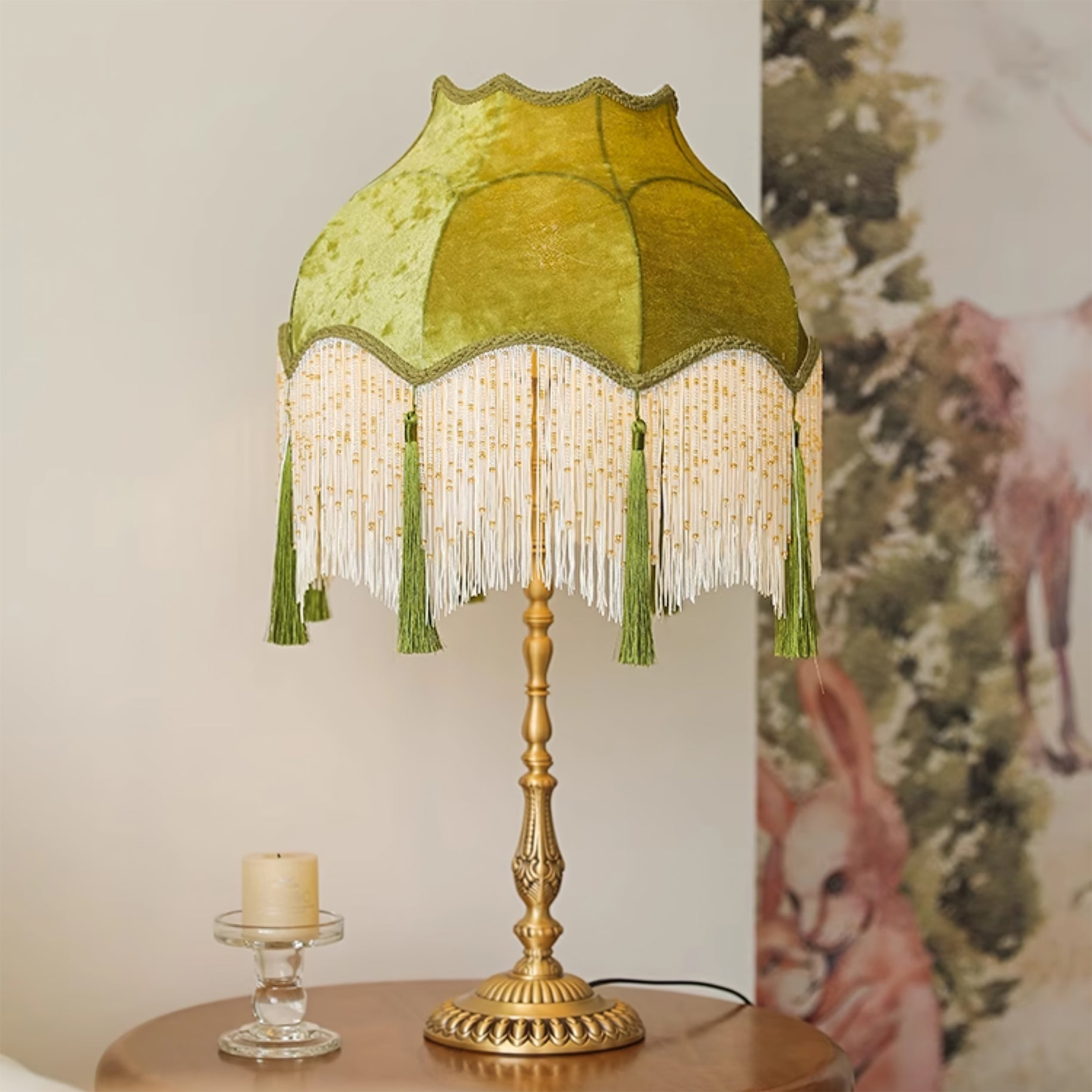 Vintage Fabric Table Lamp with Brass Base – Green Scalloped Shade 7