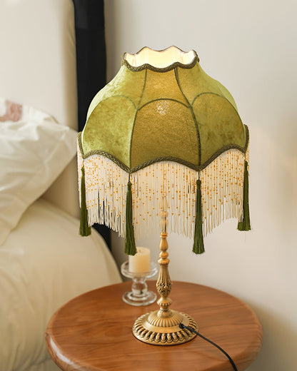 Vintage Fabric Table Lamp with Brass Base – Green Scalloped Shade 9