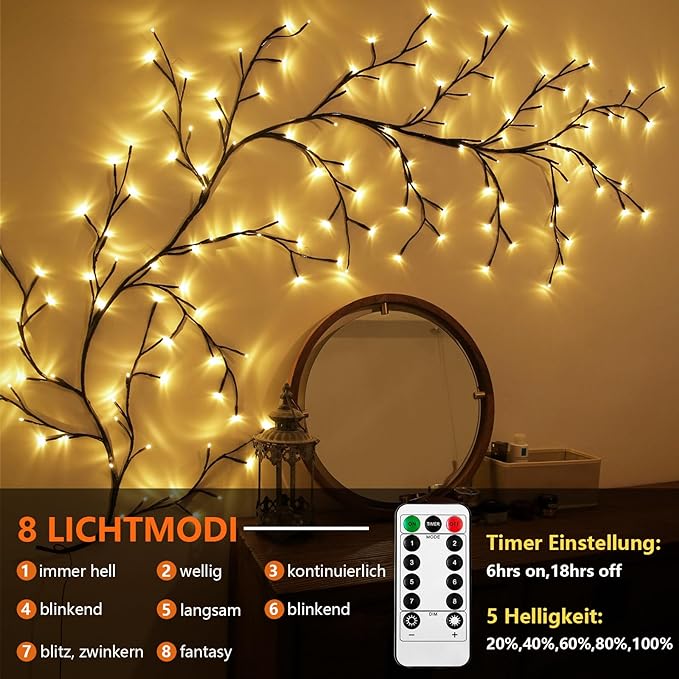 Warm White LED Grapevine Fairy Lights – 2.3m Outdoor String Lights with Remote Control 7