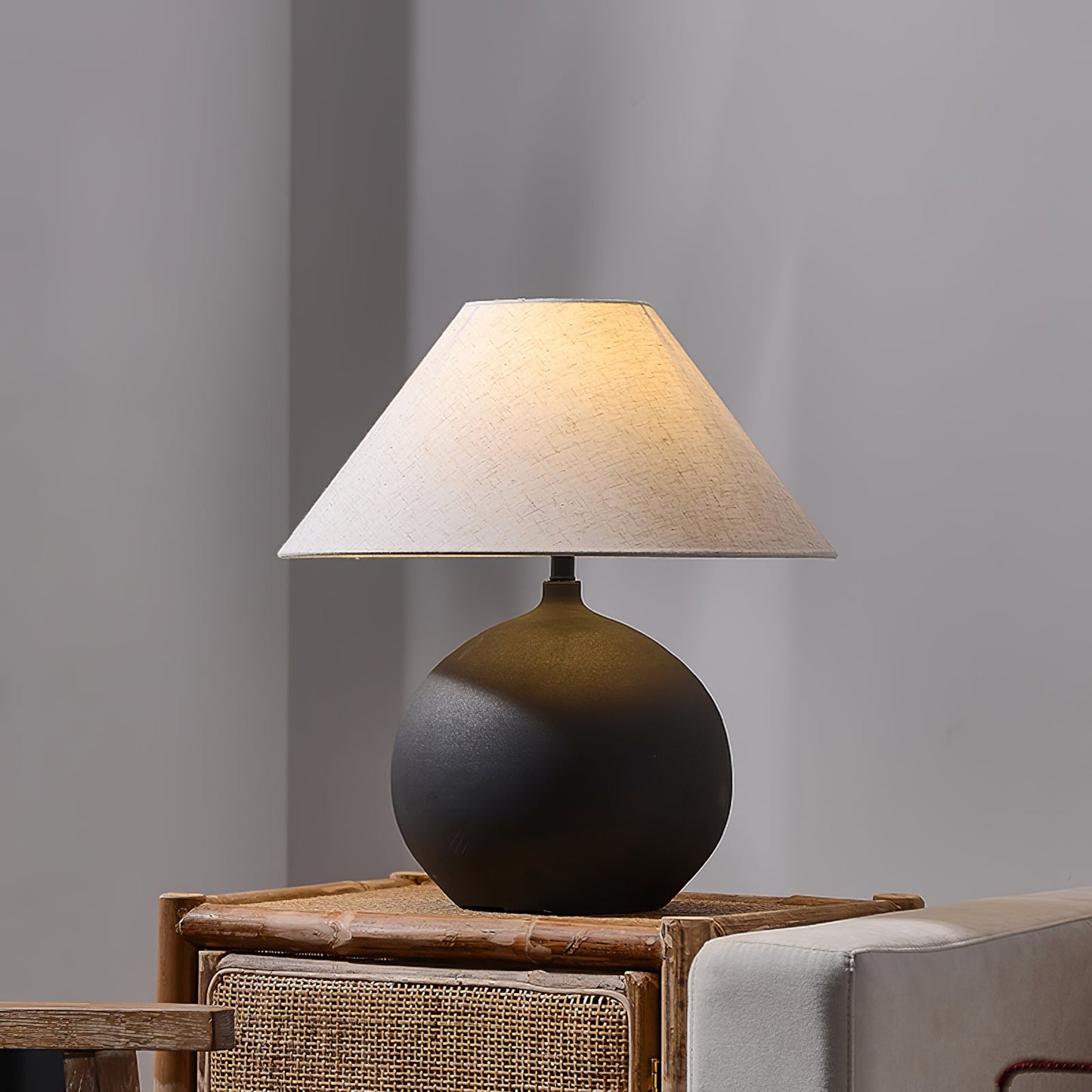 Ceramic Table Lamp with Grey Linen Shade – 45cm Diameter Bedroom or Desk Lamp 2