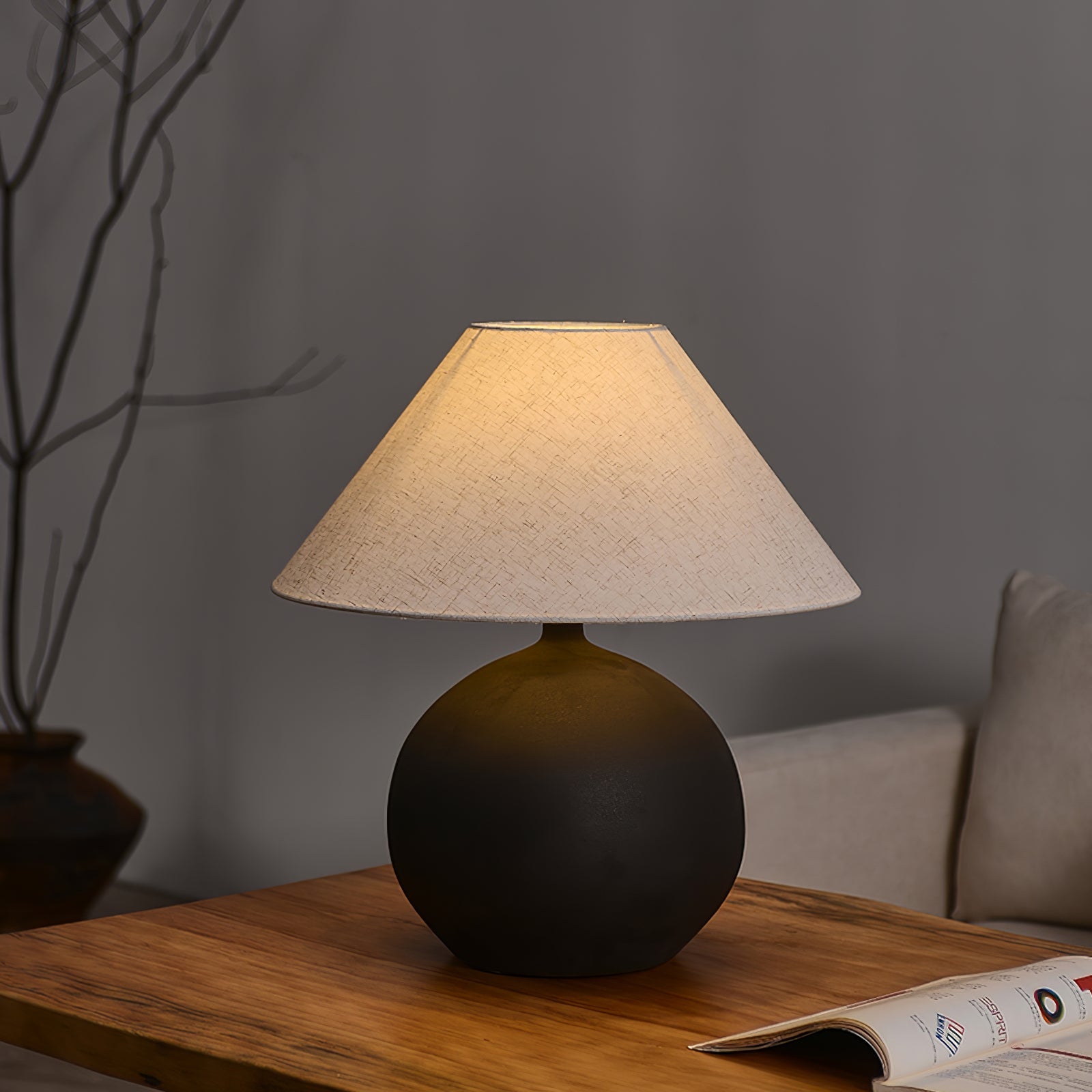 Ceramic Table Lamp with Grey Linen Shade – 45cm Diameter Bedroom or Desk Lamp 4