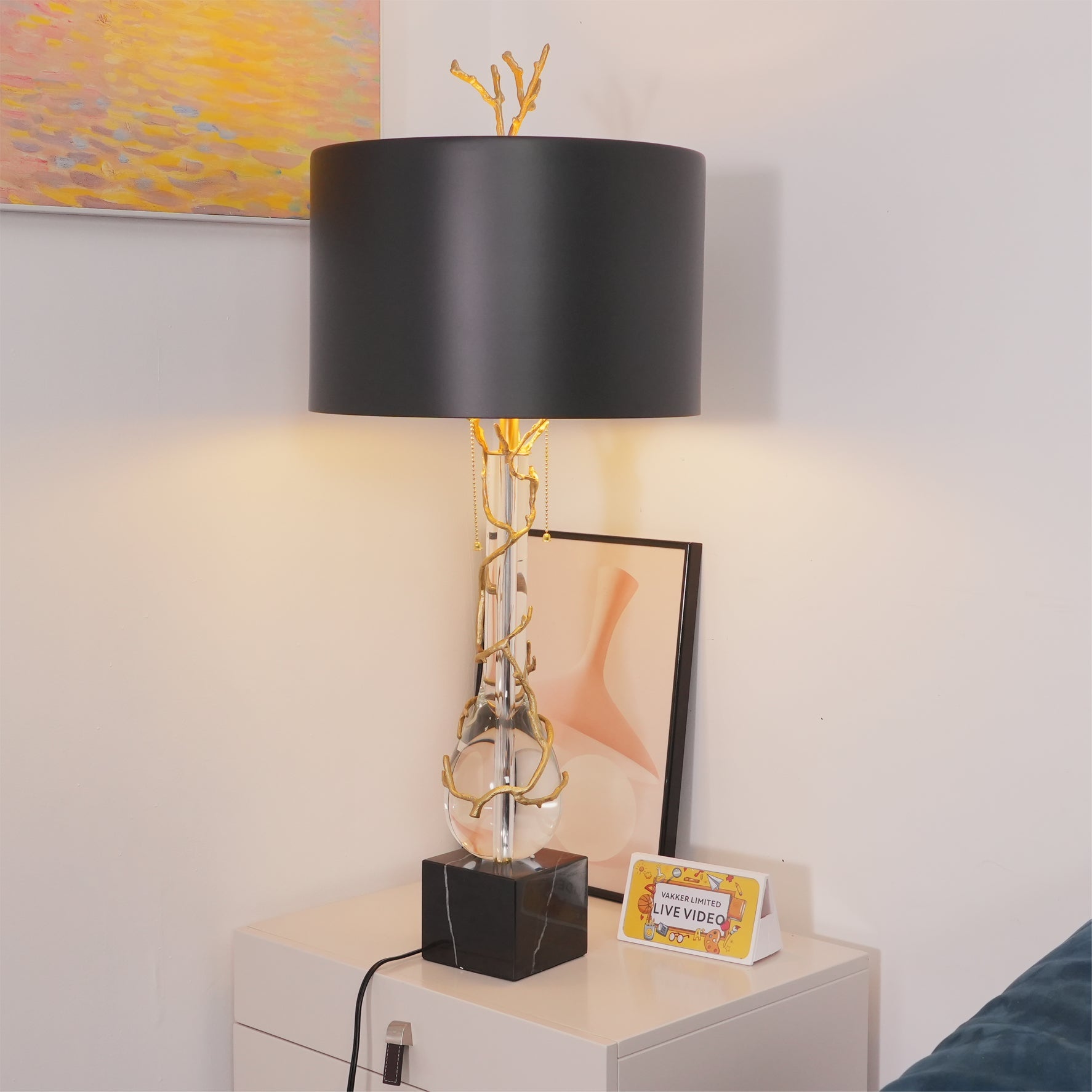 Elegant Table Lamp with Twig Base and Drum Shade – Black and Gold Finish 2