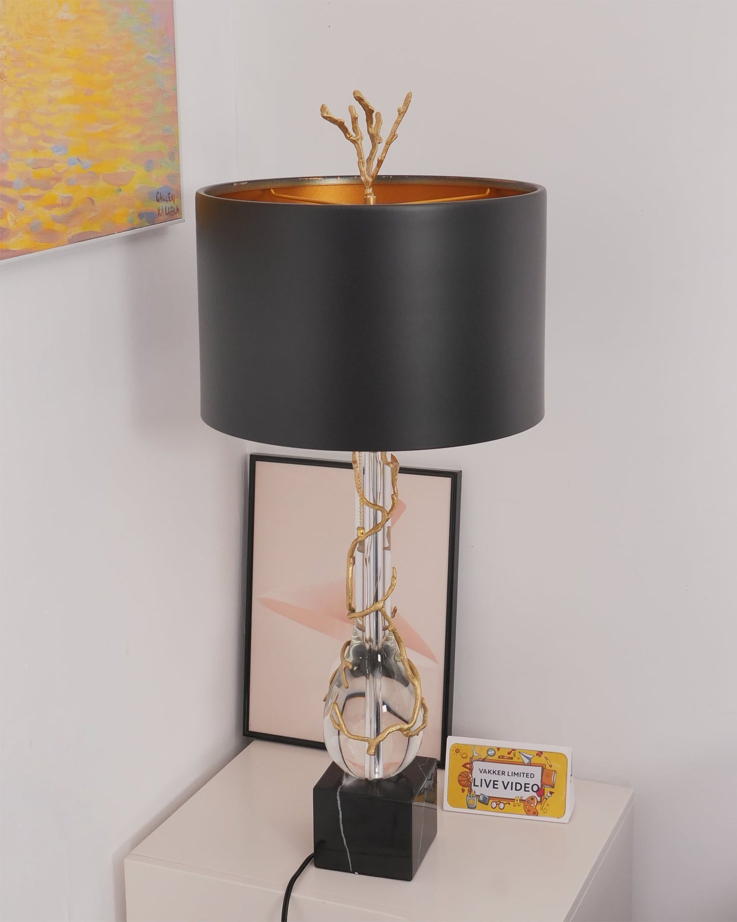 Elegant Table Lamp with Twig Base and Drum Shade – Black and Gold Finish 4