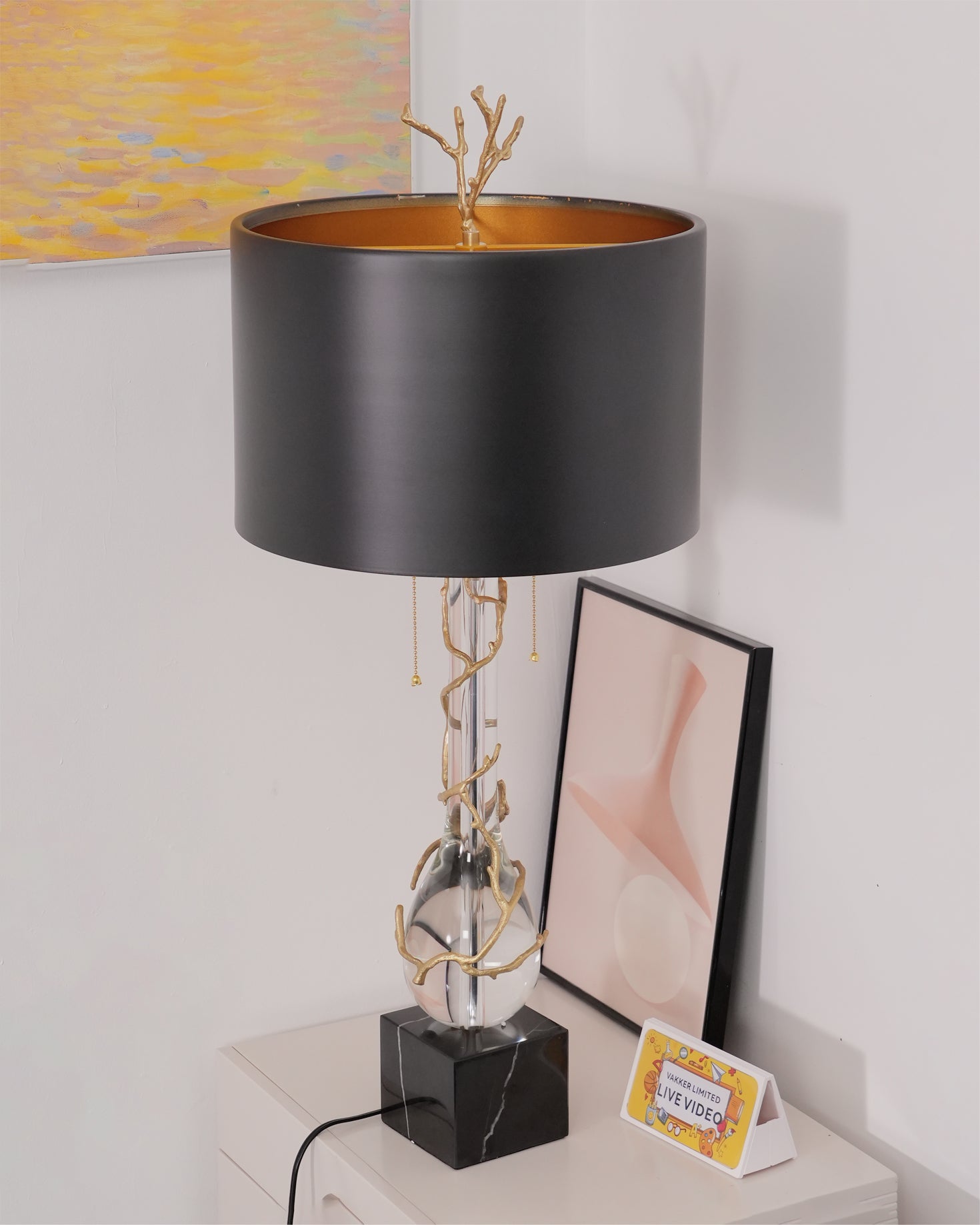 Elegant Table Lamp with Twig Base and Drum Shade – Black and Gold Finish 5