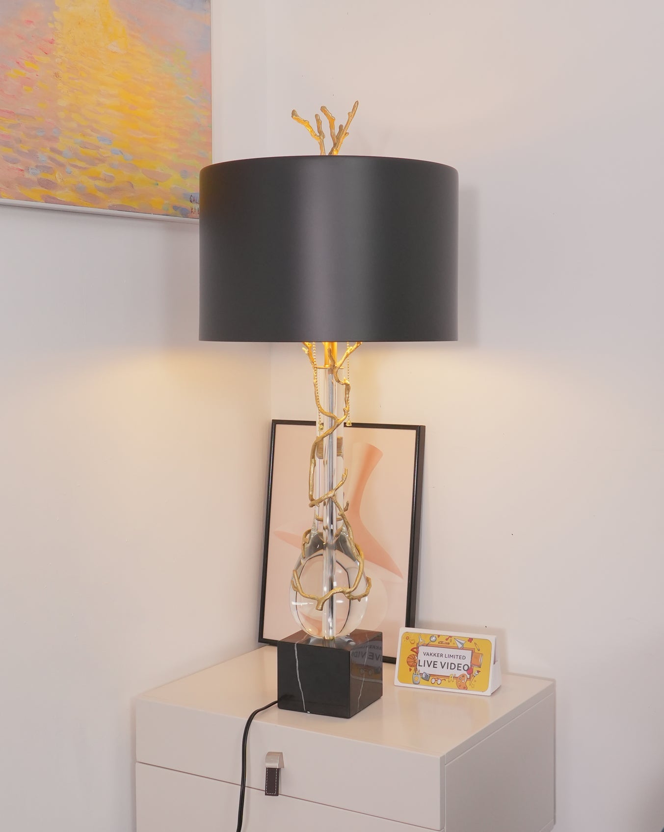 Elegant Table Lamp with Twig Base and Drum Shade – Black and Gold Finish 6