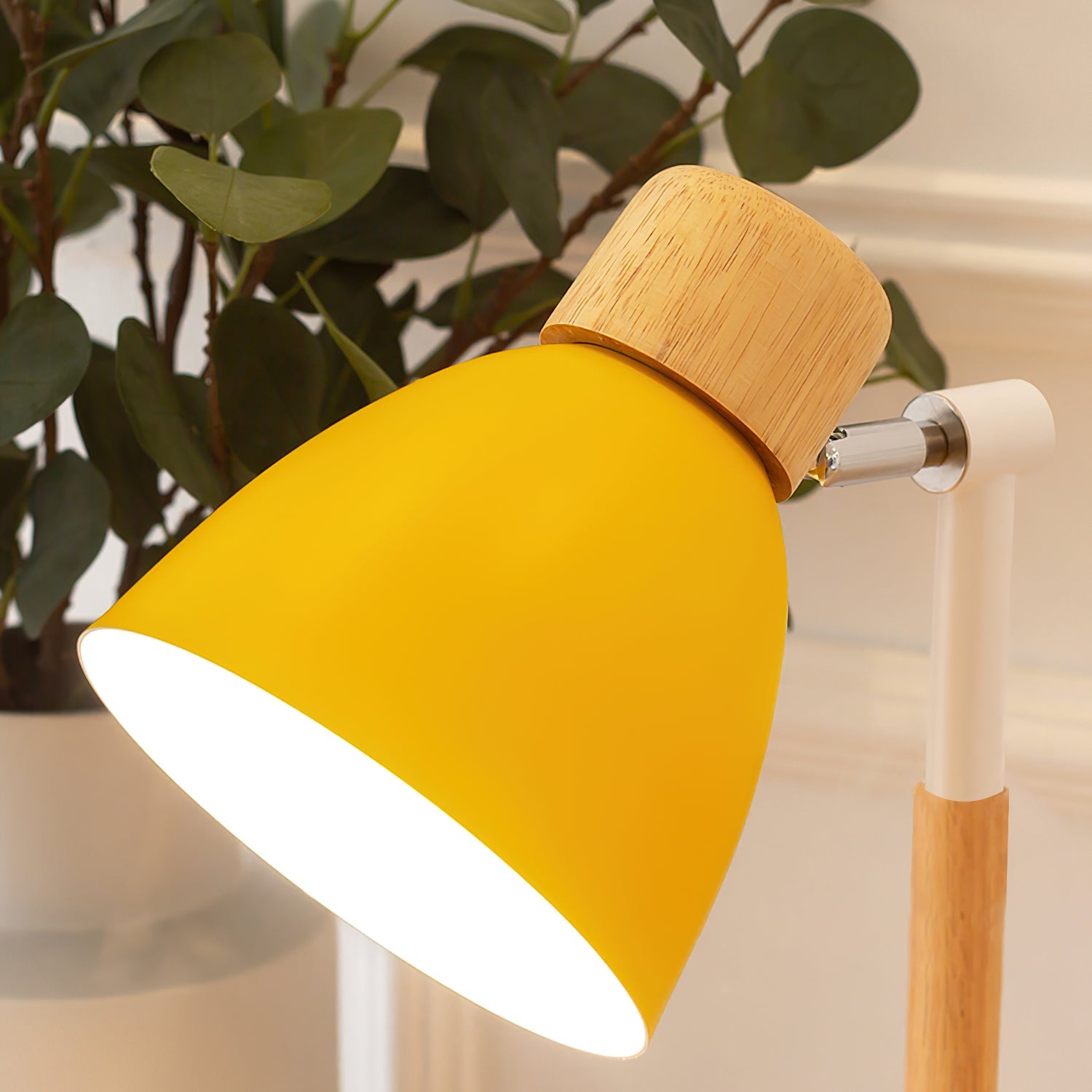 Wood Table Lamp with Yellow Metal Shade - Scandinavian Design for Bedside or Desk 4