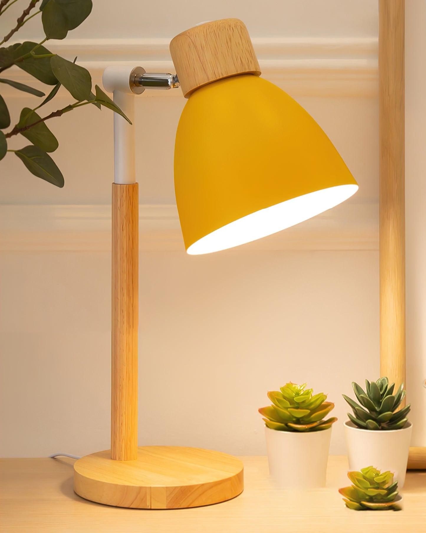 Wood Table Lamp with Yellow Metal Shade - Scandinavian Design for Bedside or Desk 7