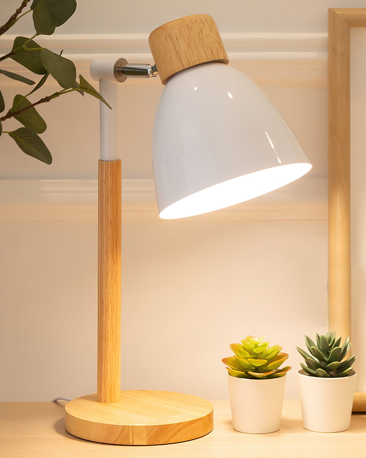 Wood Table Lamp with Yellow Metal Shade - Scandinavian Design for Bedside or Desk 8