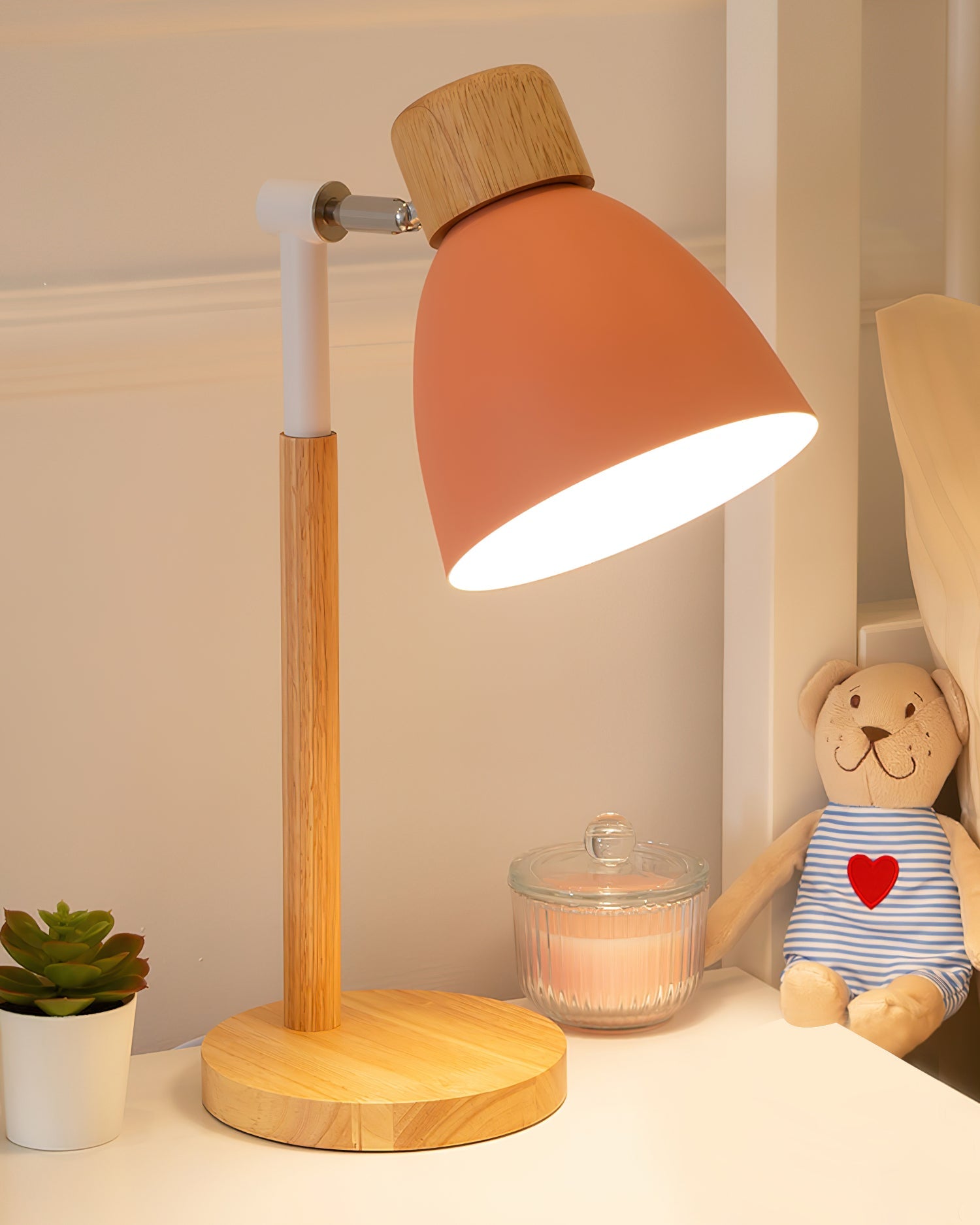 Wood Table Lamp with Yellow Metal Shade - Scandinavian Design for Bedside or Desk 9