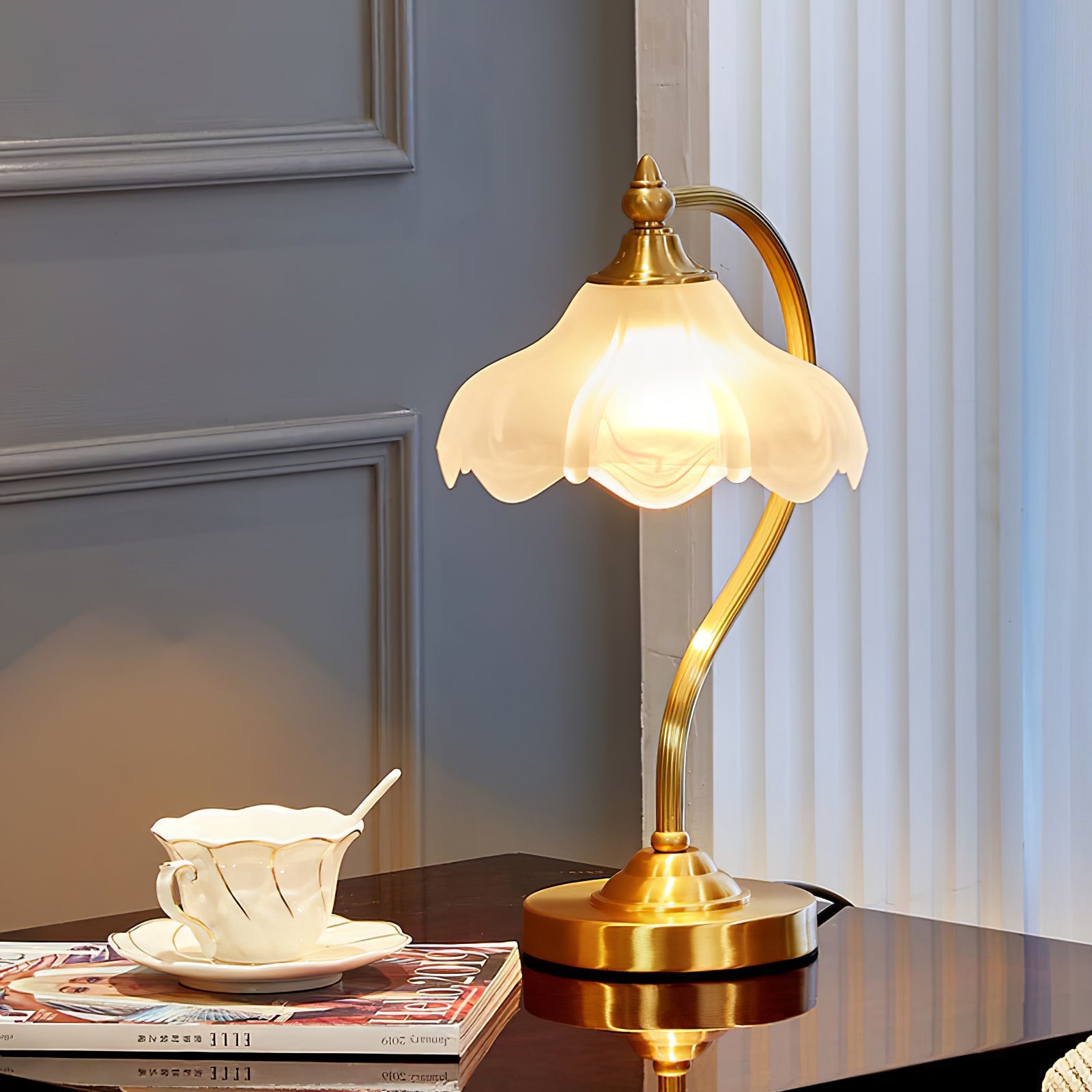 Elegant Brass and Glass Table Lamp – Magnolia Flower Design for Bedroom or Living Room 3