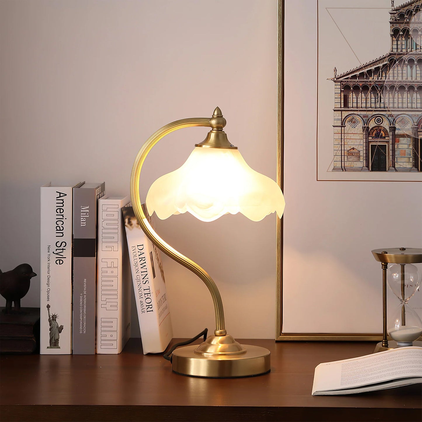 Elegant Brass and Glass Table Lamp – Magnolia Flower Design for Bedroom or Living Room 5