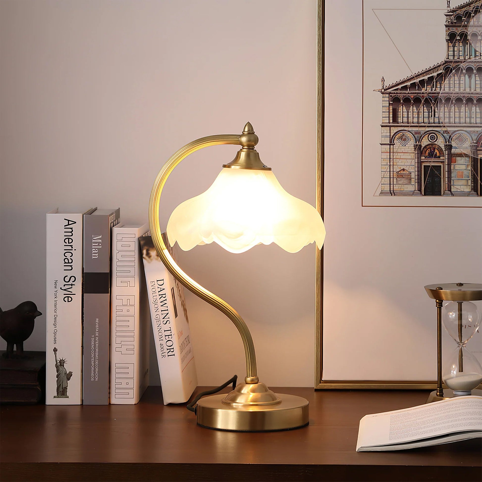 Elegant Brass and Glass Table Lamp – Magnolia Flower Design for Bedroom or Living Room 5