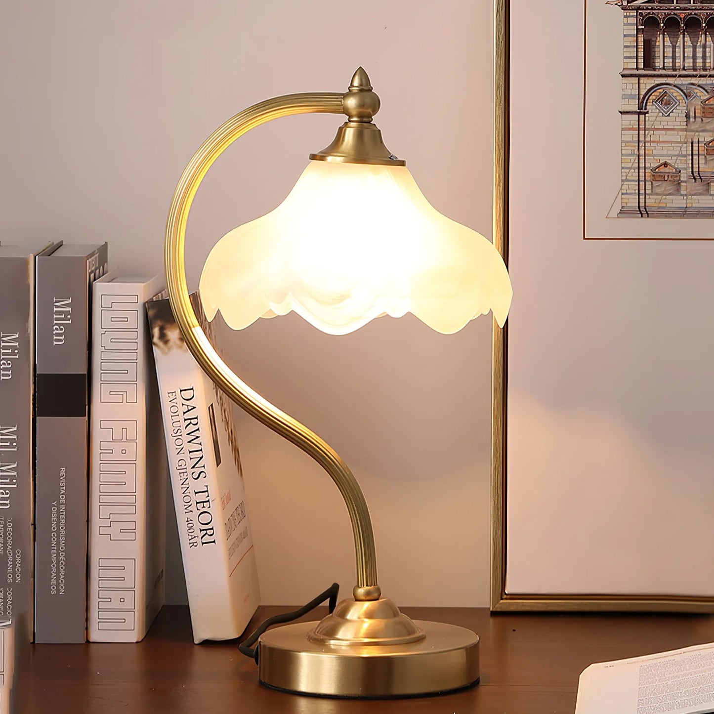 Elegant Brass and Glass Table Lamp – Magnolia Flower Design for Bedroom or Living Room 9