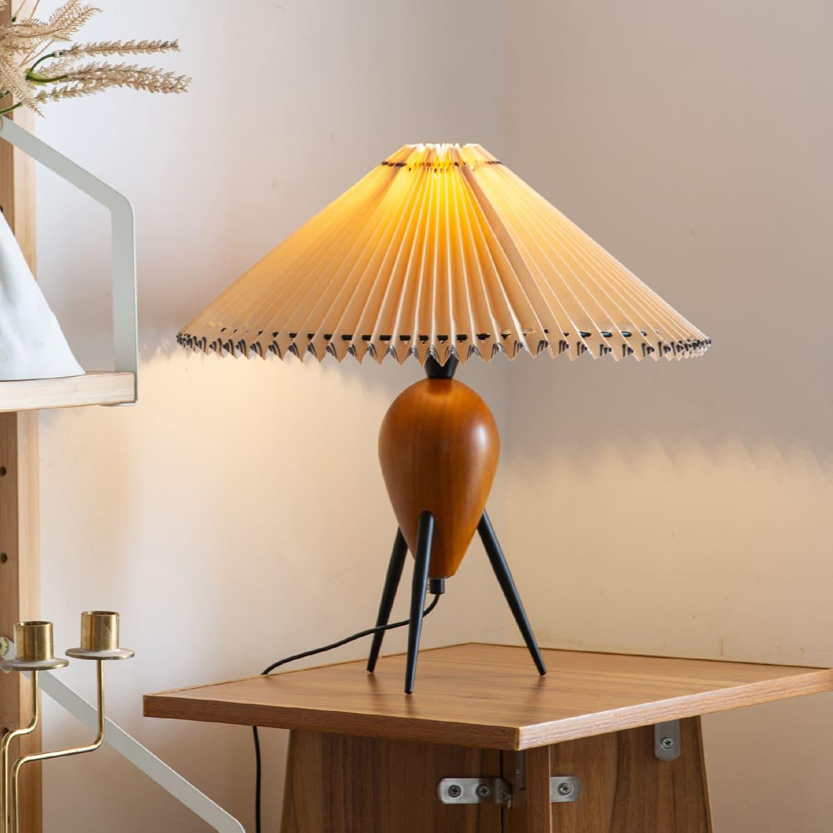 Makie Table Lamp with Wood Base and Pleated Fabric Shade – Modern Tripod Design 3