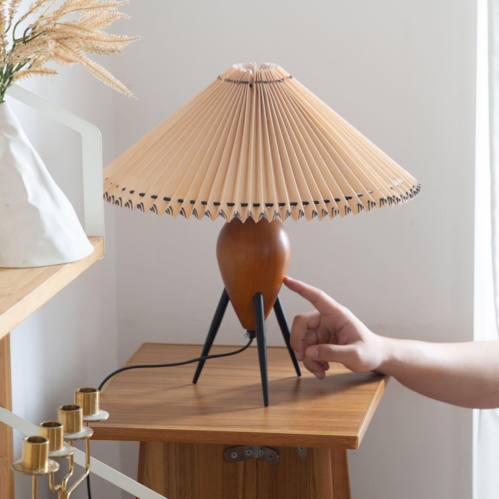 Makie Table Lamp with Wood Base and Pleated Fabric Shade – Modern Tripod Design 4