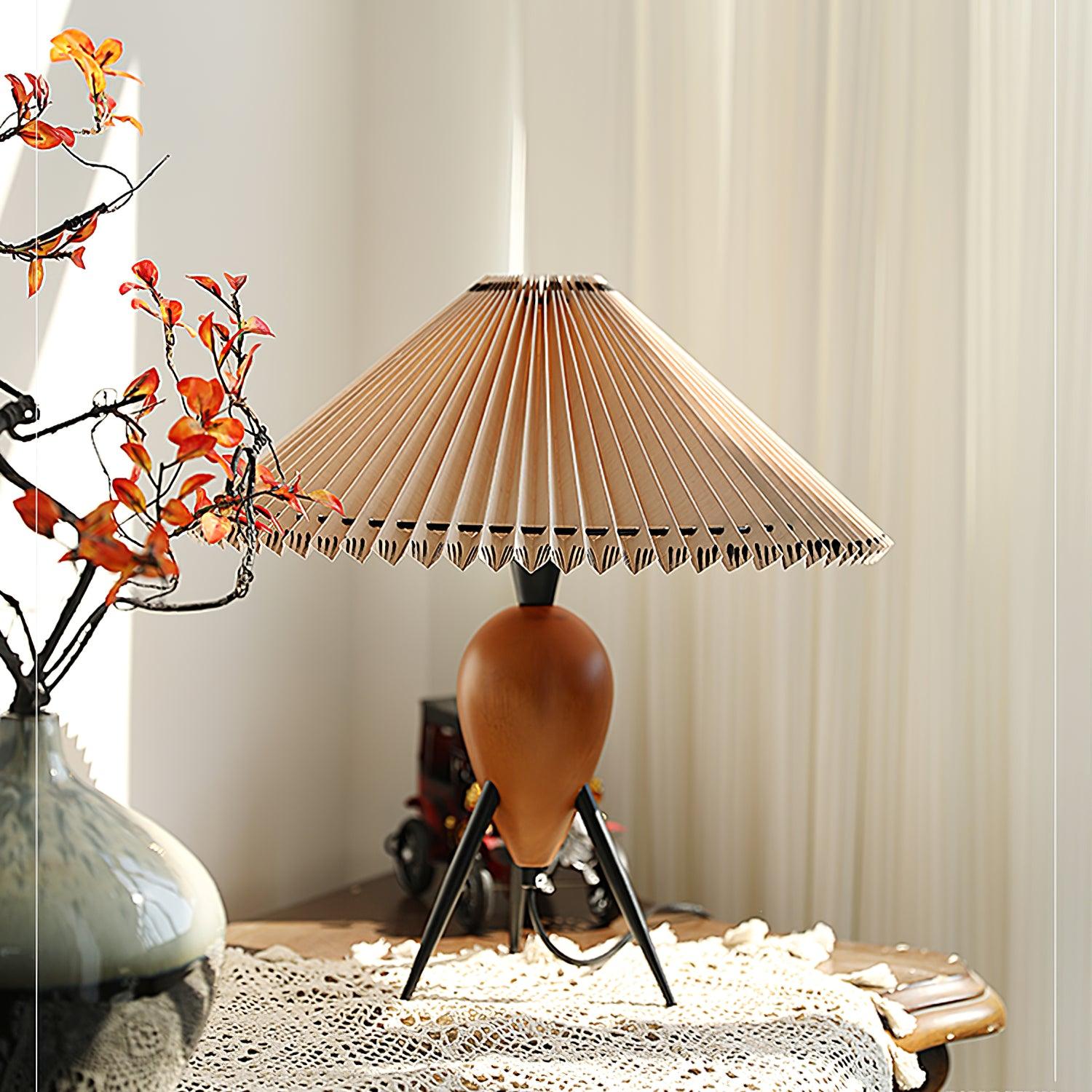 Makie Table Lamp with Wood Base and Pleated Fabric Shade – Modern Tripod Design 5