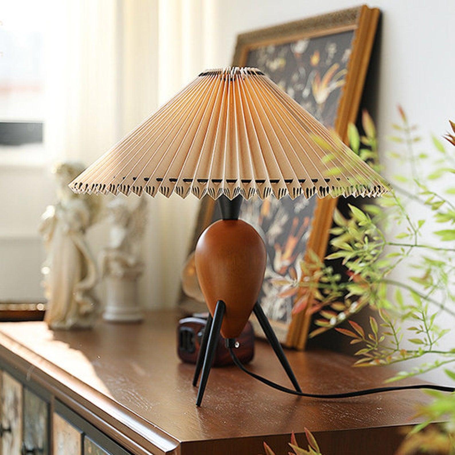 Makie Table Lamp with Wood Base and Pleated Fabric Shade – Modern Tripod Design 6