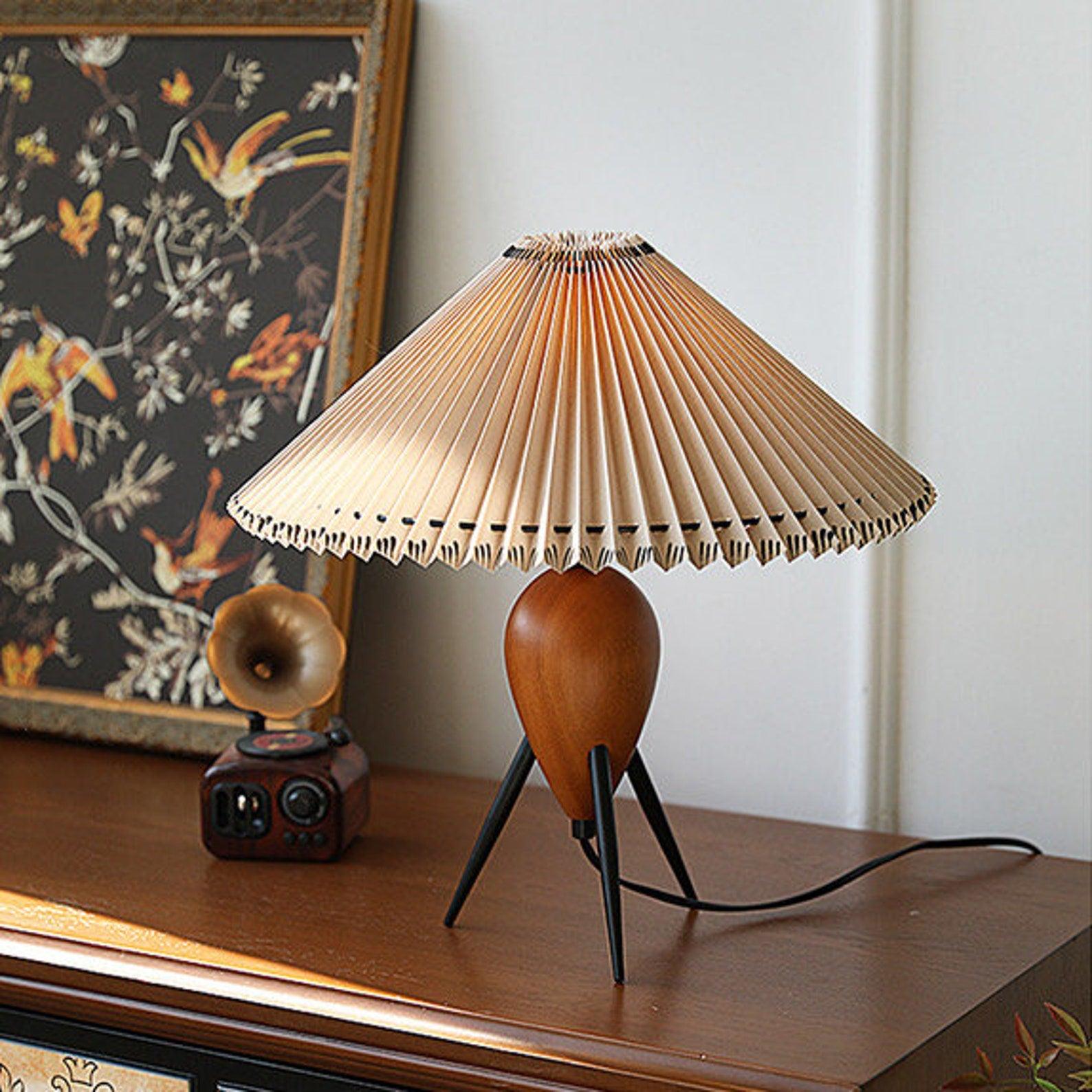 Makie Table Lamp with Wood Base and Pleated Fabric Shade – Modern Tripod Design 7