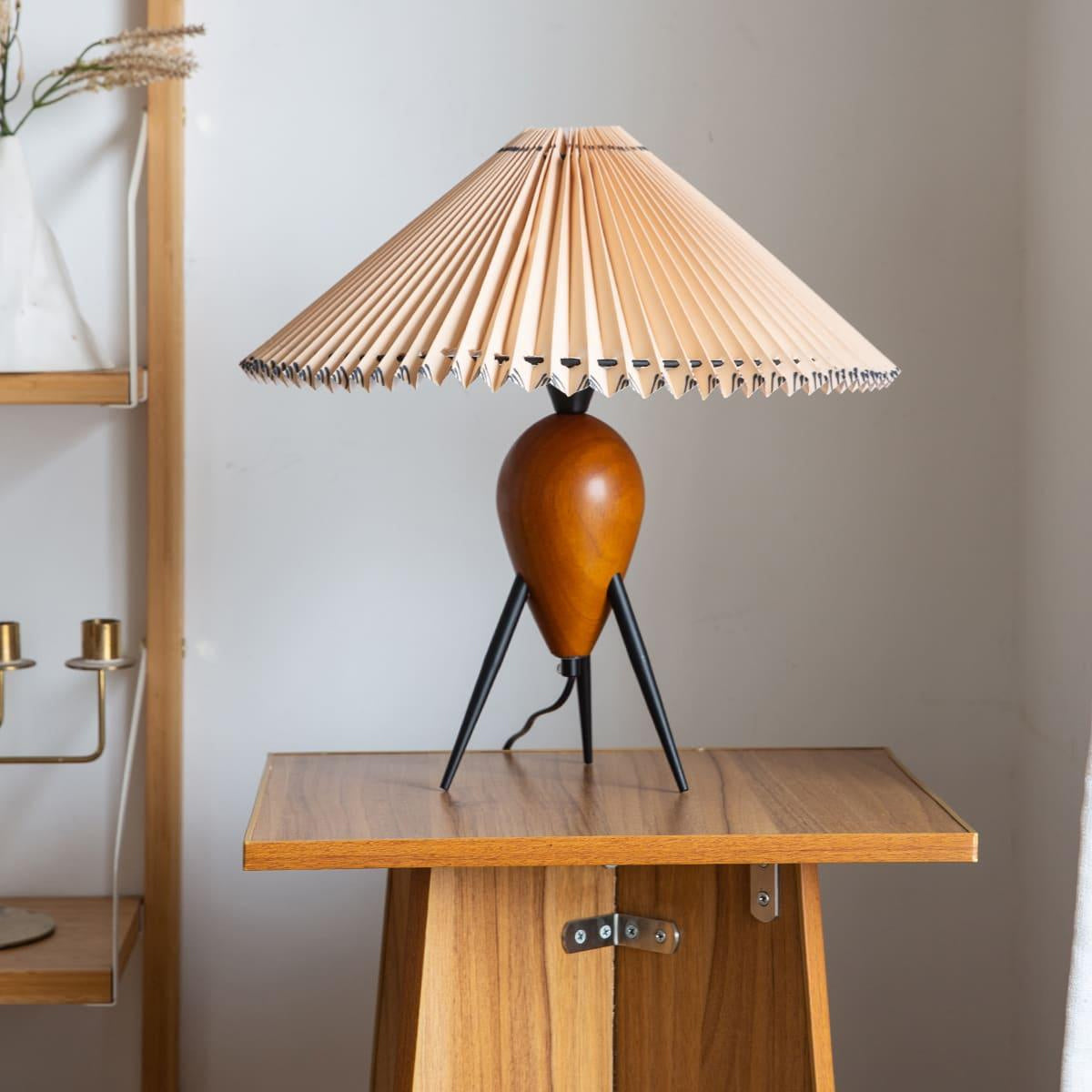 Makie Table Lamp with Wood Base and Pleated Fabric Shade – Modern Tripod Design 8