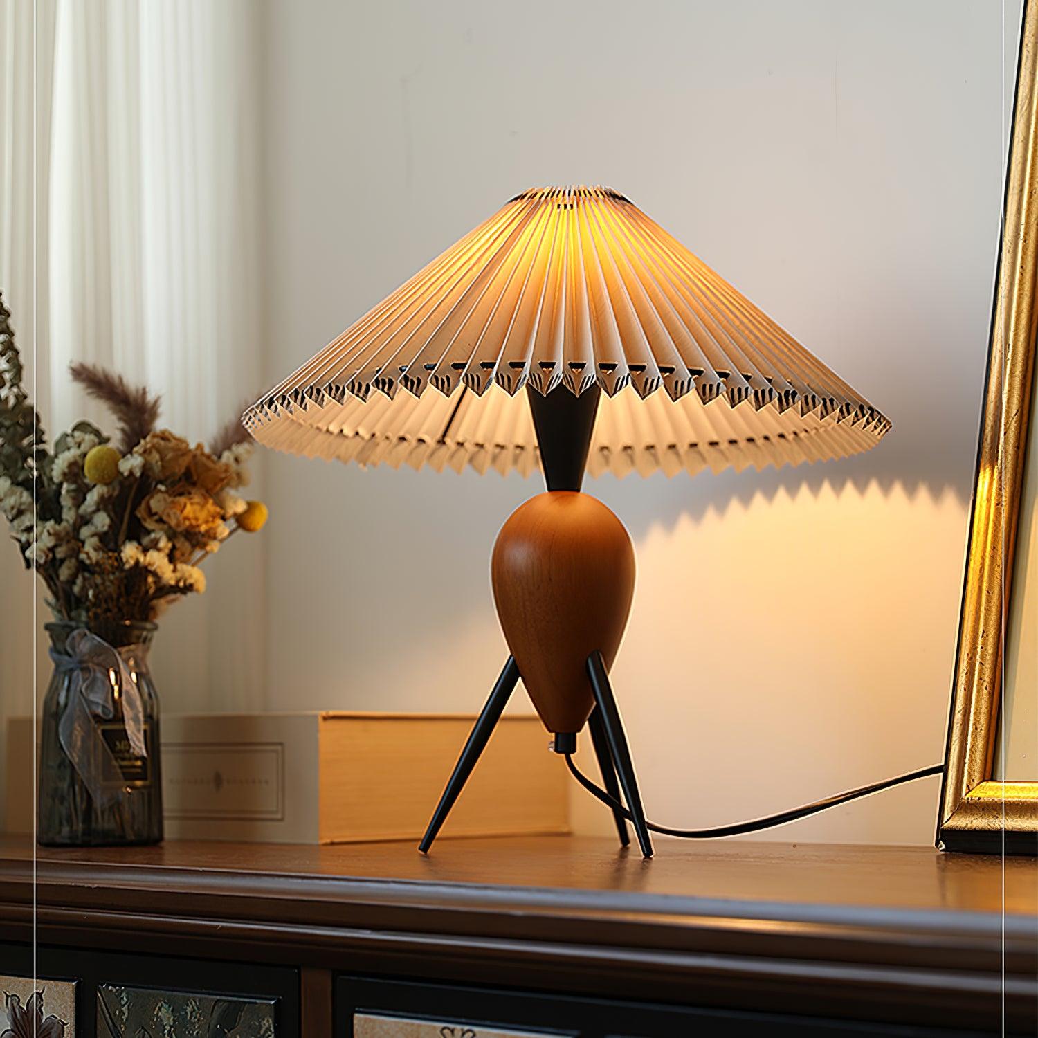Makie Table Lamp with Wood Base and Pleated Fabric Shade – Modern Tripod Design 9