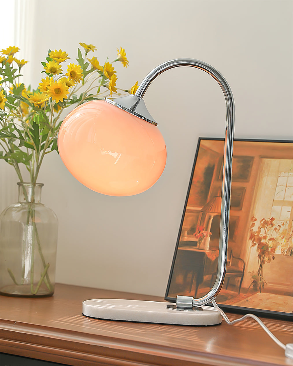 Modern Table Lamp with Pink Glass Shade and Gold Finish – 16.1 Height 6