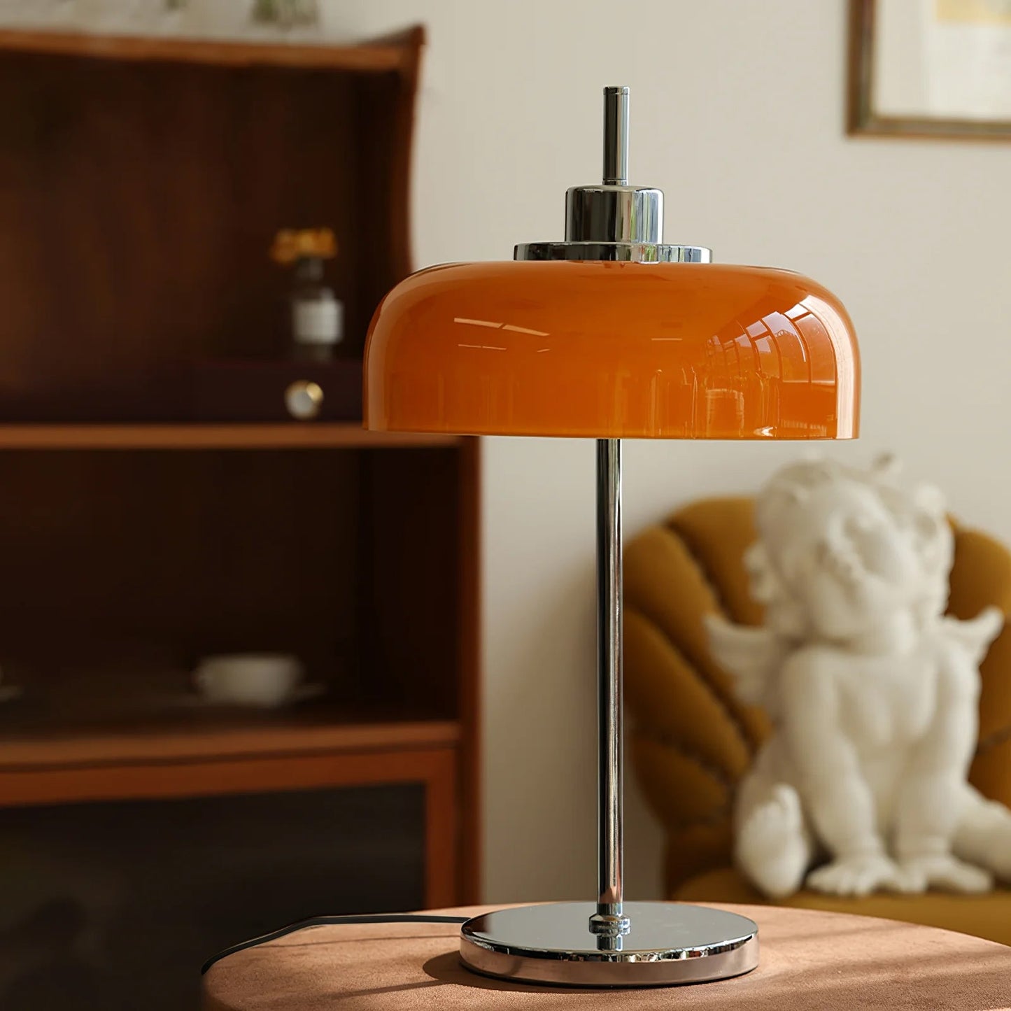 Mid-Century Inspired Maybe Table Lamp with Integrated LED – Orange Shade 4