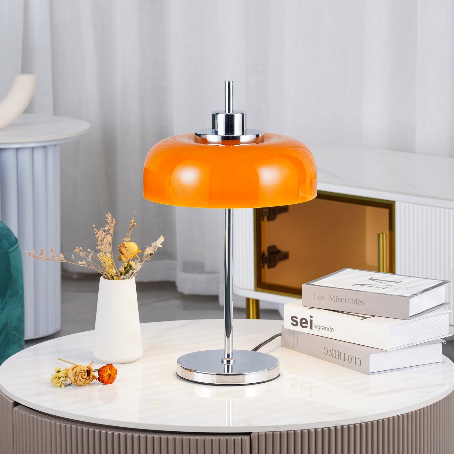 Mid-Century Inspired Maybe Table Lamp with Integrated LED – Orange Shade 9