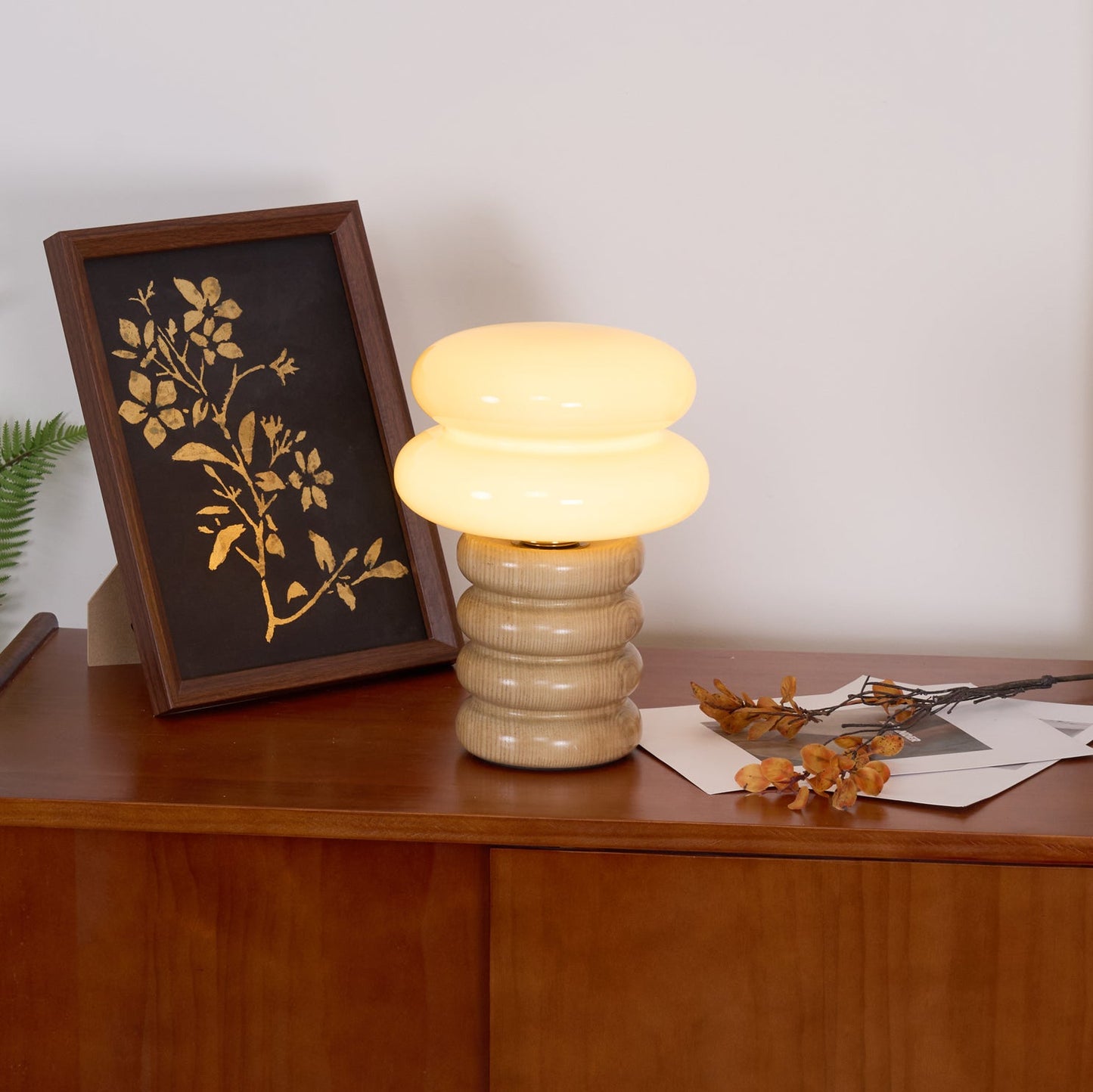 Modern Table Lamp with Wood Body and Glass Shade – 8.3 Diameter 9