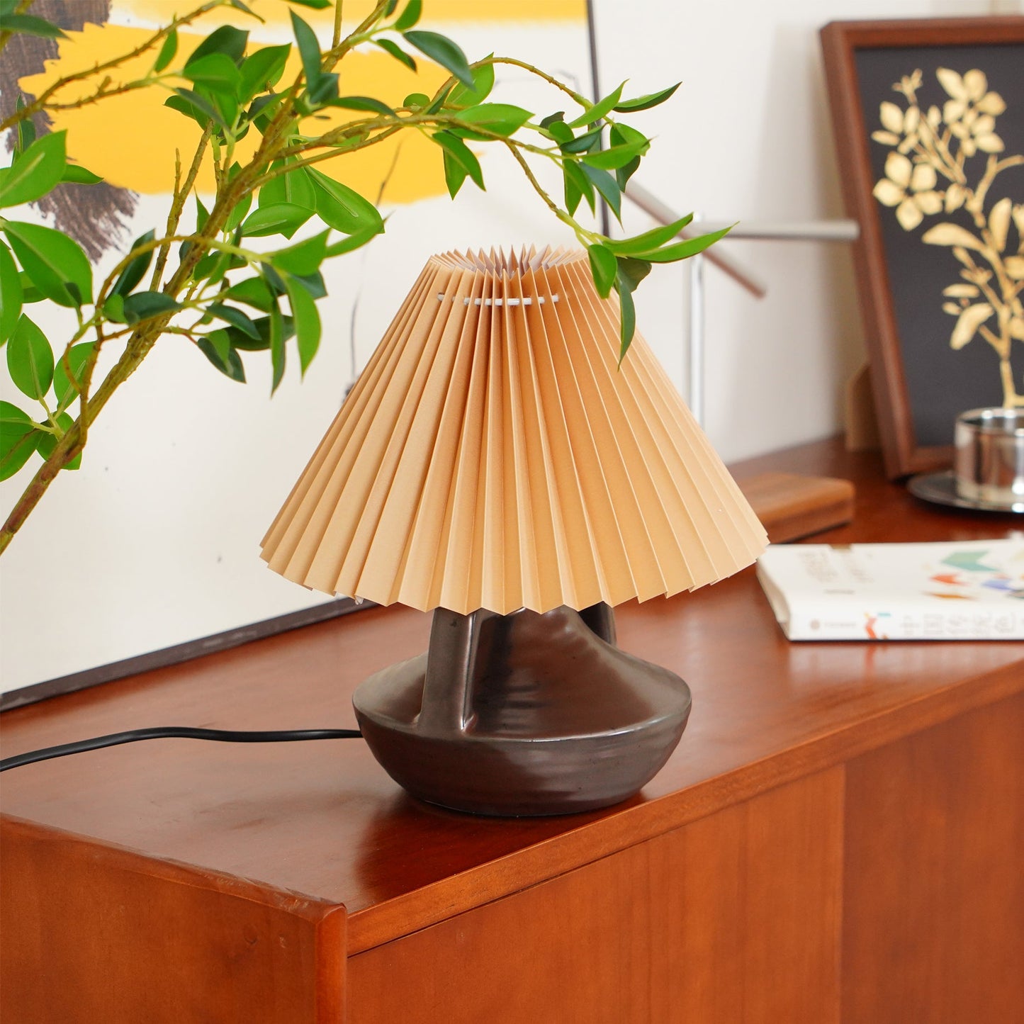 Elegant Pleated Table Lamp with Ceramic Base and Khaki Shade - Perfect for Living Room and Bedroom 2