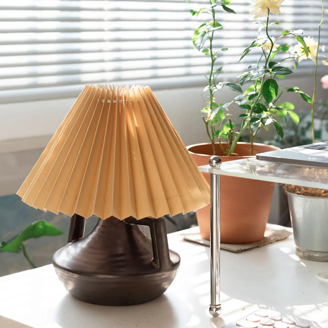 Elegant Pleated Table Lamp with Ceramic Base and Khaki Shade - Perfect for Living Room and Bedroom 4