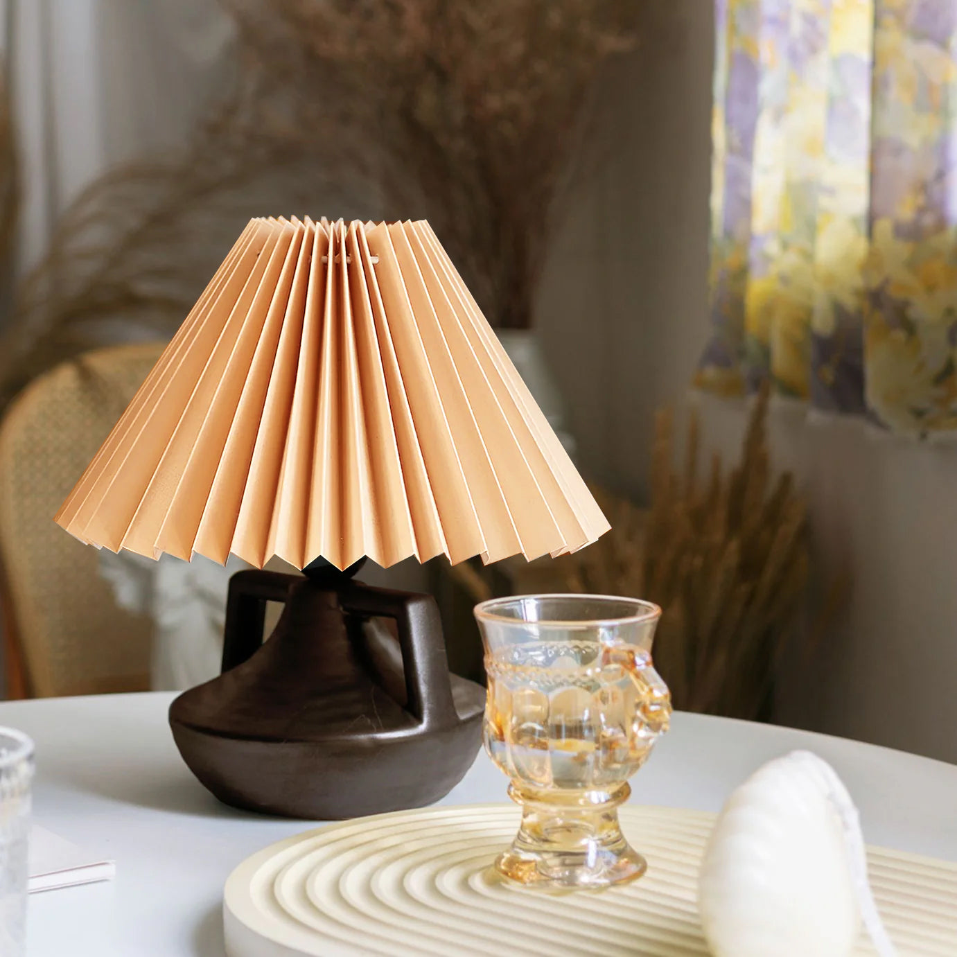 Elegant Pleated Table Lamp with Ceramic Base and Khaki Shade - Perfect for Living Room and Bedroom 5