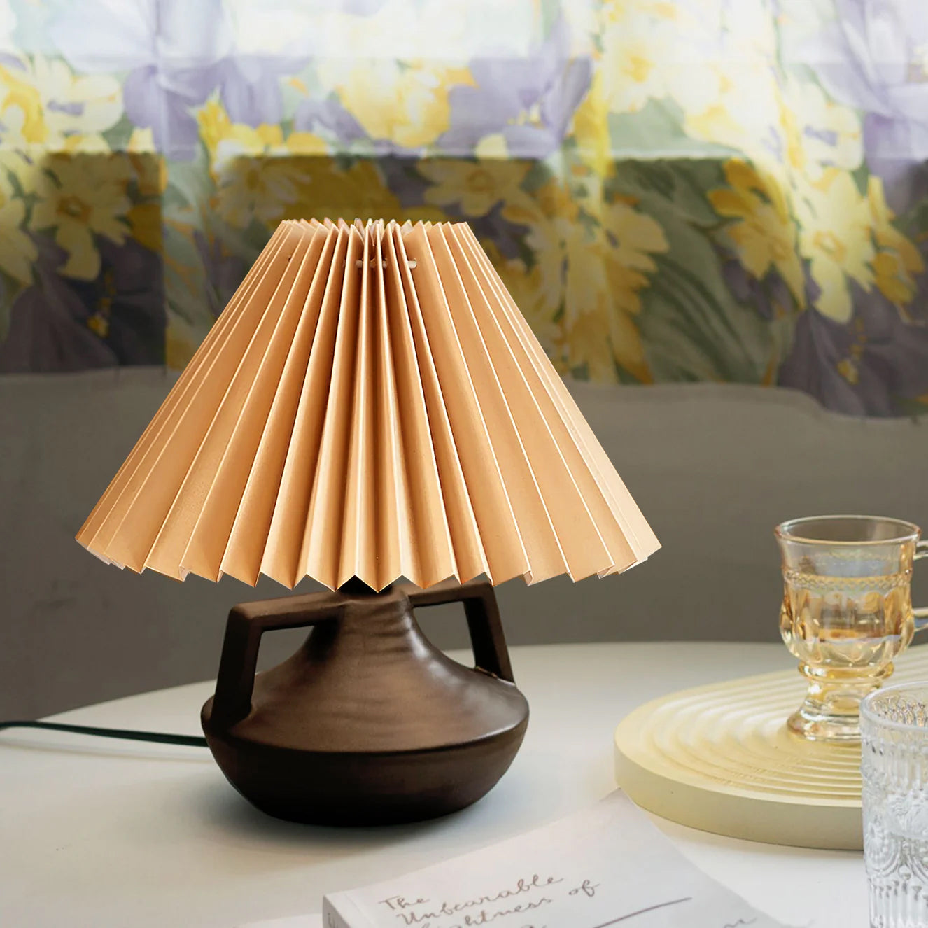Elegant Pleated Table Lamp with Ceramic Base and Khaki Shade - Perfect for Living Room and Bedroom 6