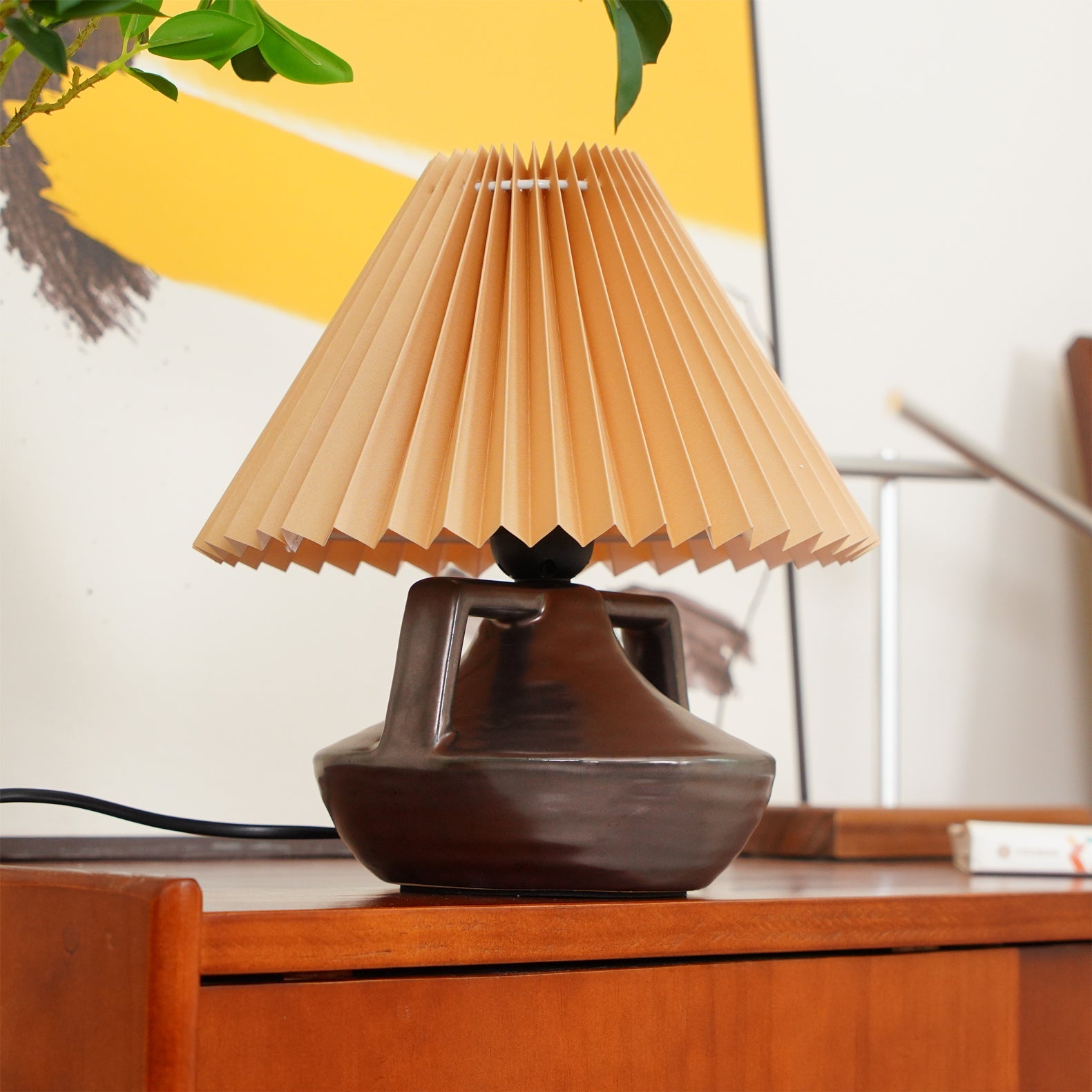 Elegant Pleated Table Lamp with Ceramic Base and Khaki Shade - Perfect for Living Room and Bedroom 7