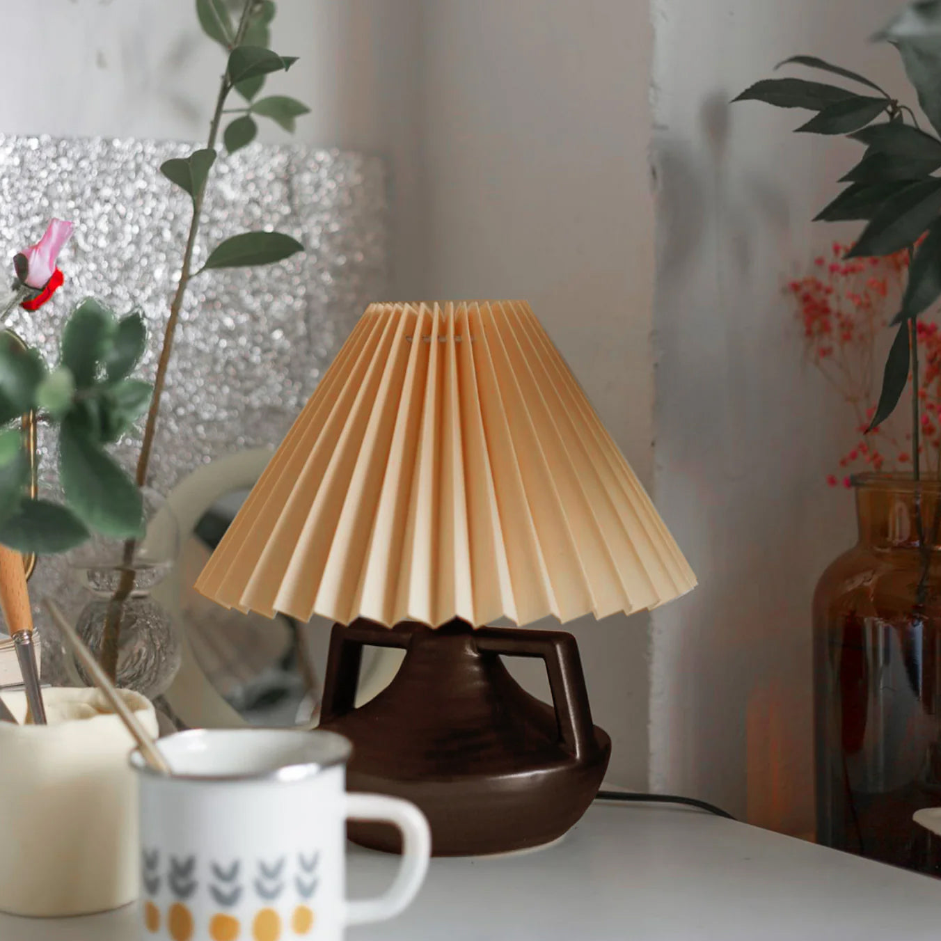 Elegant Pleated Table Lamp with Ceramic Base and Khaki Shade - Perfect for Living Room and Bedroom 9