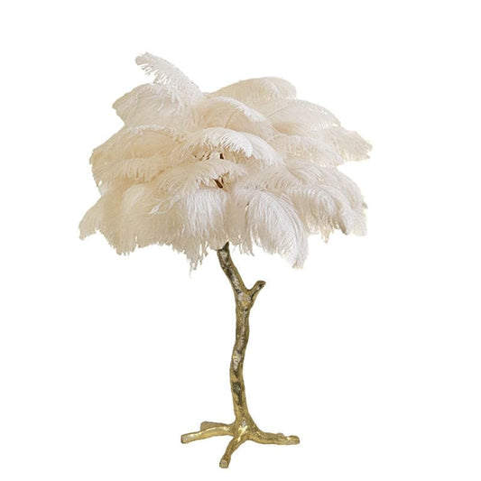 Elegant Ostrich Feather Table Lamp with Gilded Base – Unique Bedroom or Living Room Lighting 1