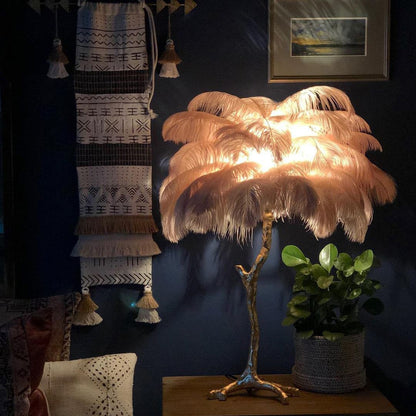 Elegant Ostrich Feather Table Lamp with Gilded Base – Unique Bedroom or Living Room Lighting 5