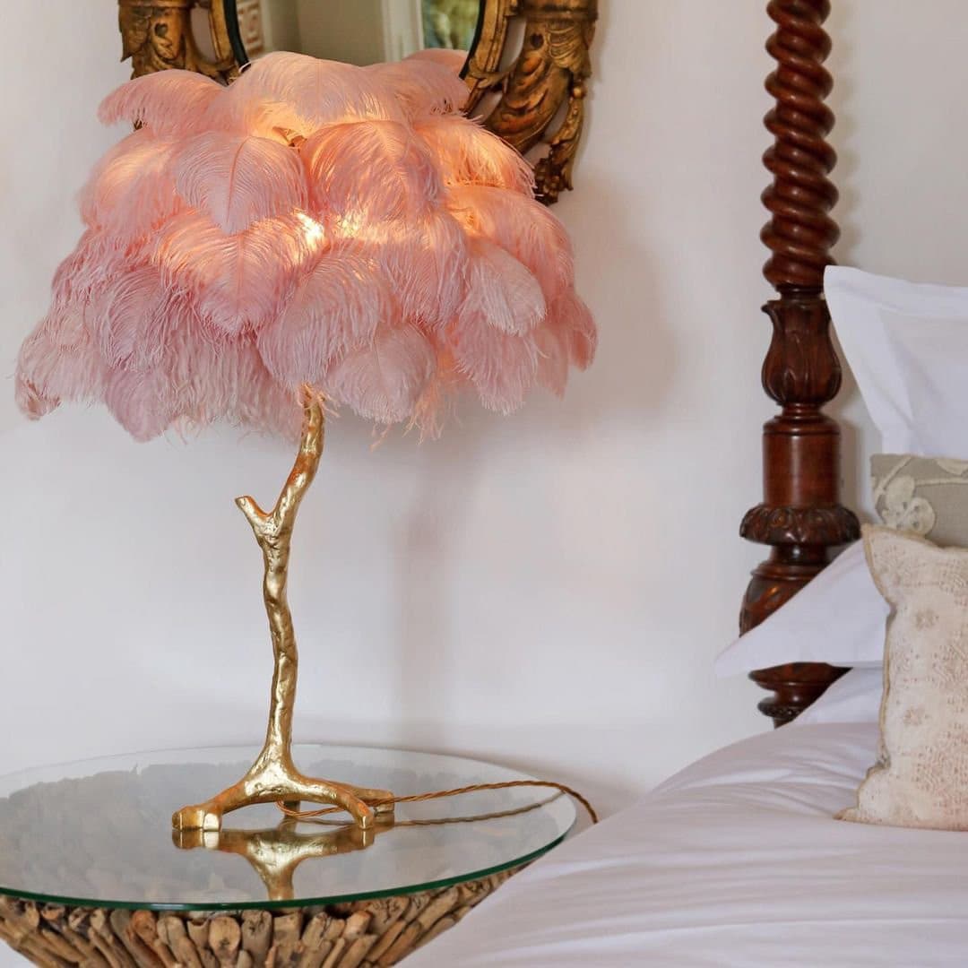 Elegant Ostrich Feather Table Lamp with Gilded Base – Unique Bedroom or Living Room Lighting 6