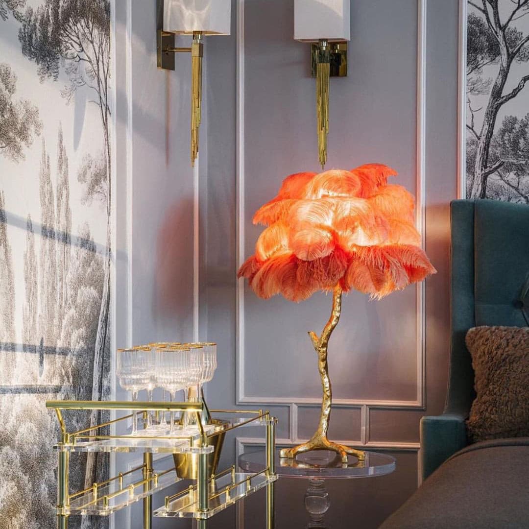 Elegant Ostrich Feather Table Lamp with Gilded Base – Unique Bedroom or Living Room Lighting 7