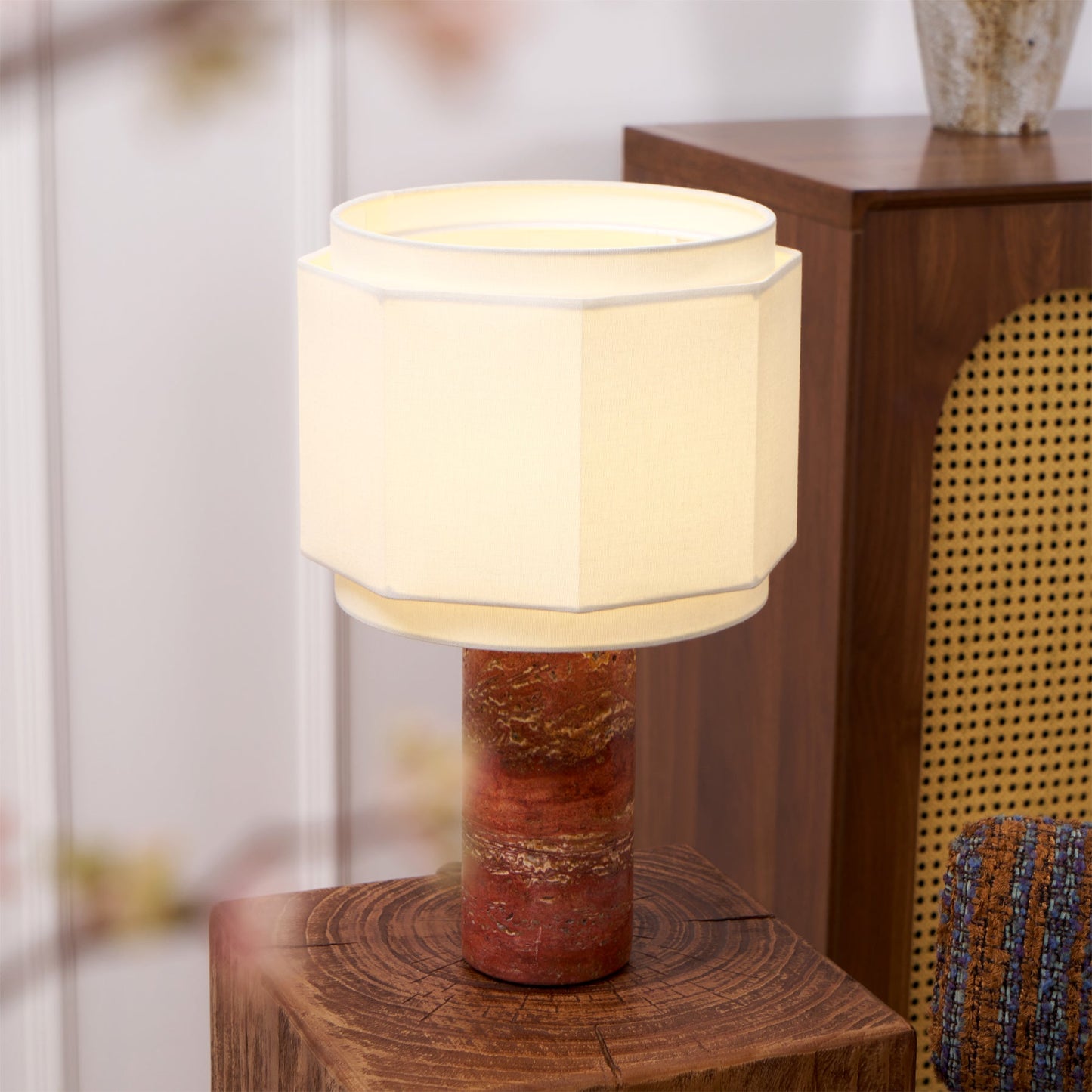 Elegant Table Lamp with Red Travertine Base and Fabric Shade – Perfect for Bedroom or Living Room 3