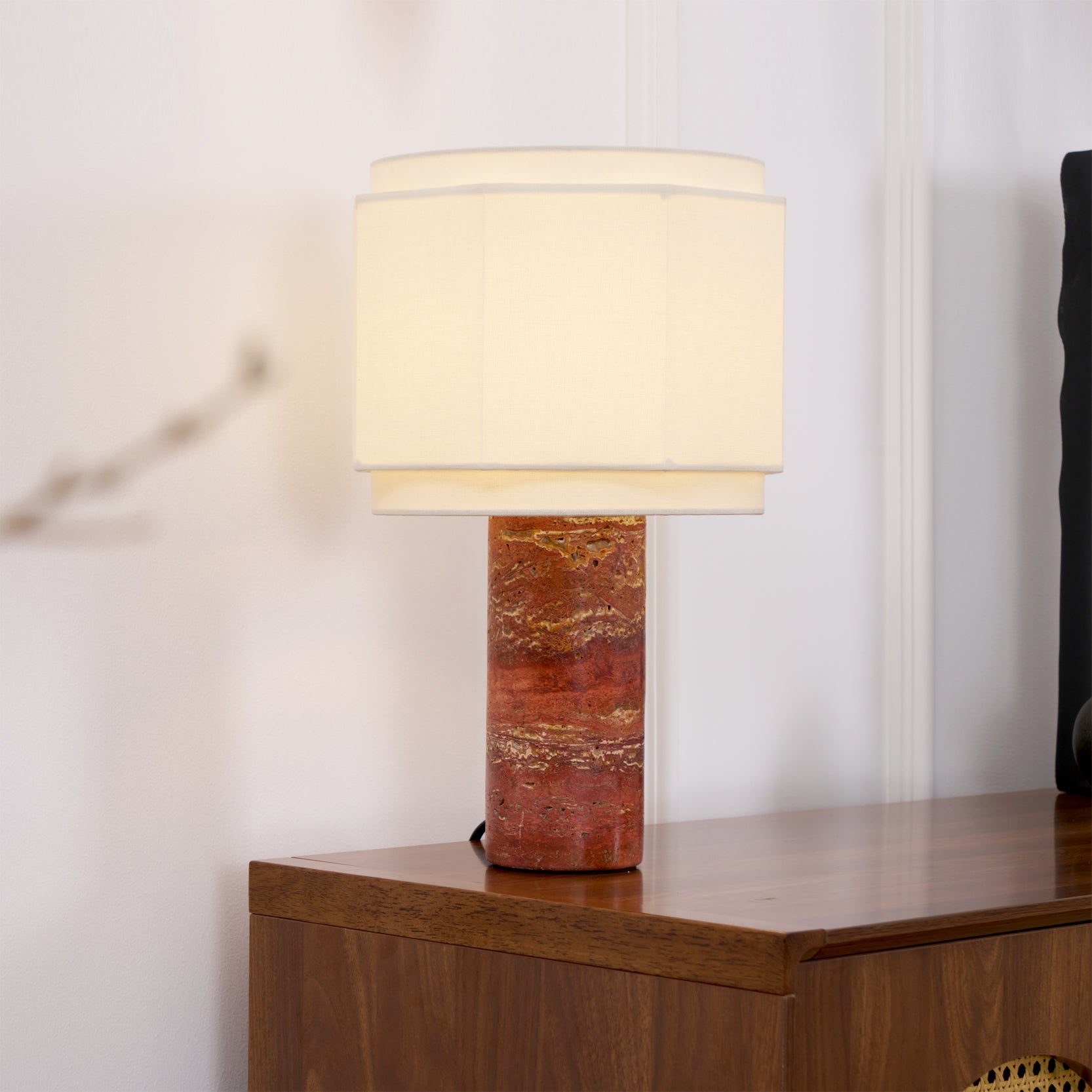 Elegant Table Lamp with Red Travertine Base and Fabric Shade – Perfect for Bedroom or Living Room 4