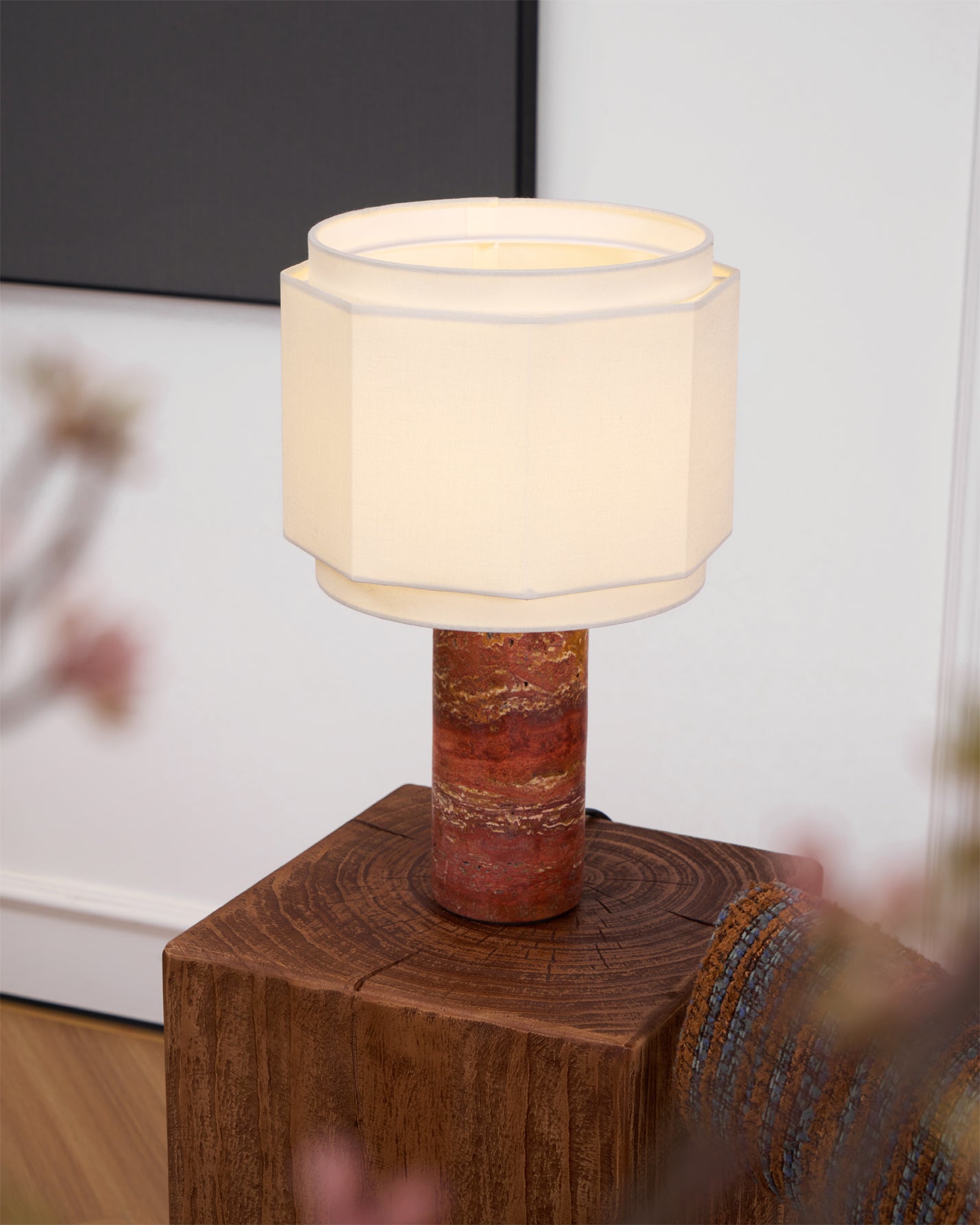 Elegant Table Lamp with Red Travertine Base and Fabric Shade – Perfect for Bedroom or Living Room 7