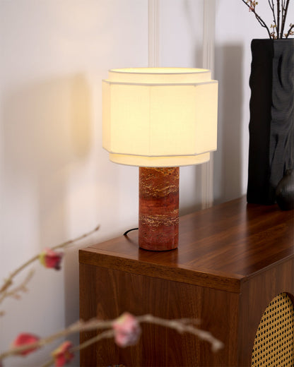 Elegant Table Lamp with Red Travertine Base and Fabric Shade – Perfect for Bedroom or Living Room 9