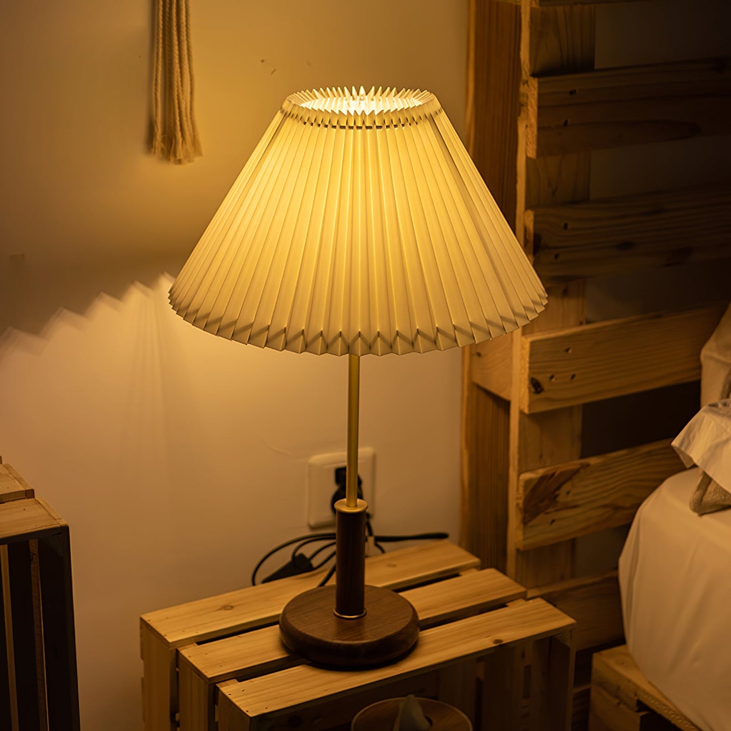 Elegant Pleated Wooden Table Lamp with Linen Shade – 36cm Diameter 6